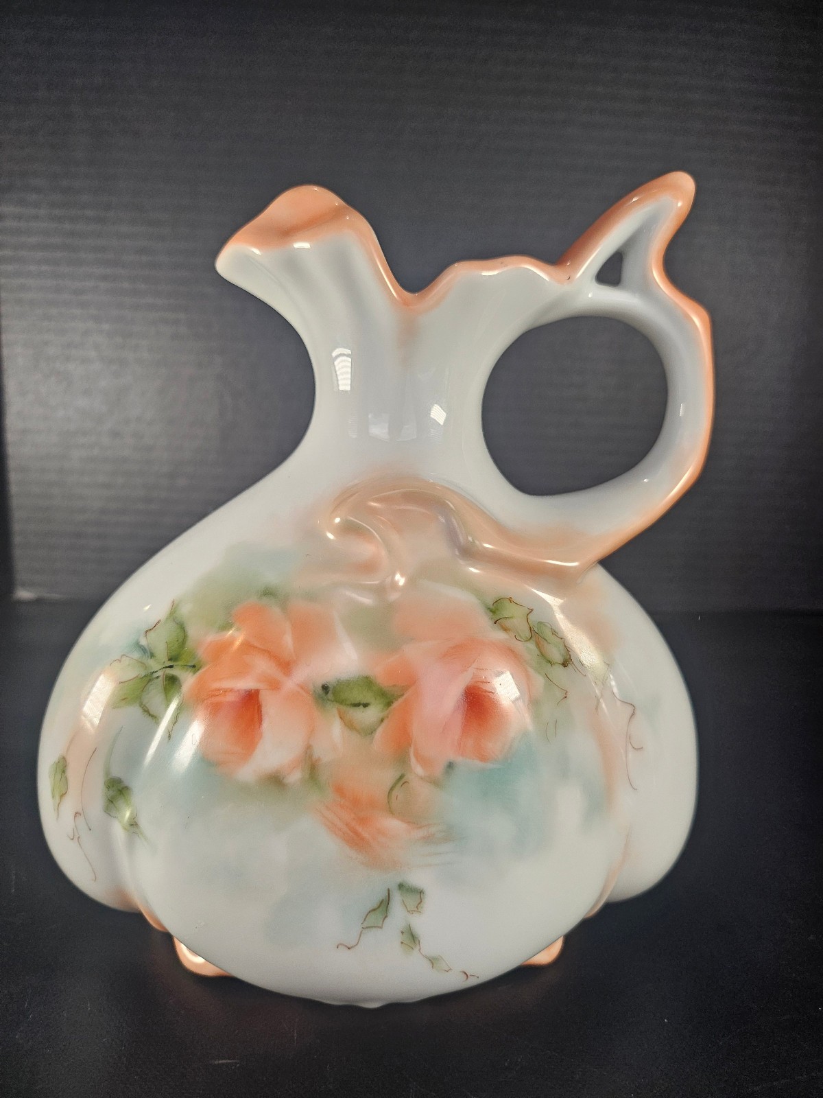 Pitcher Ewer Vase Squat Hand Painted Porcelain Peach Roses With Handle Signed