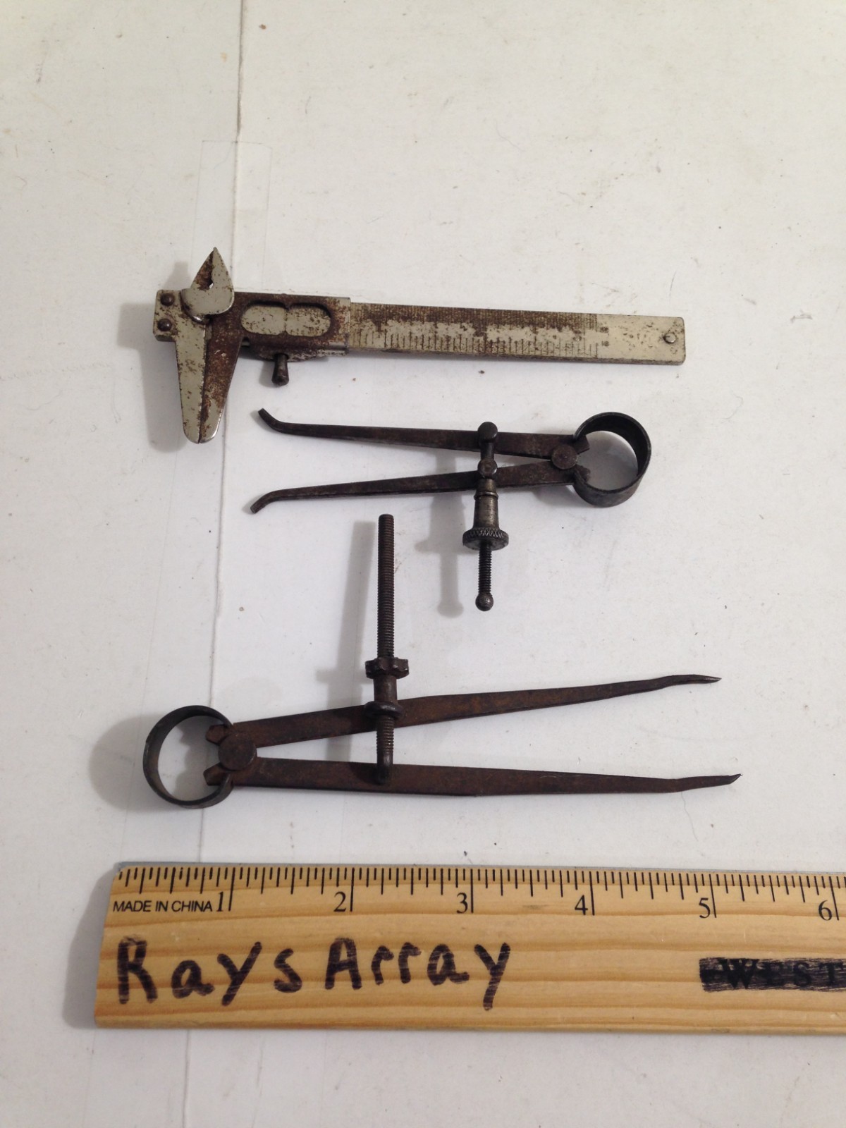 Vtg lot of 3 Tools. Two antique compass, one slide caliper  Large is Atlas tool