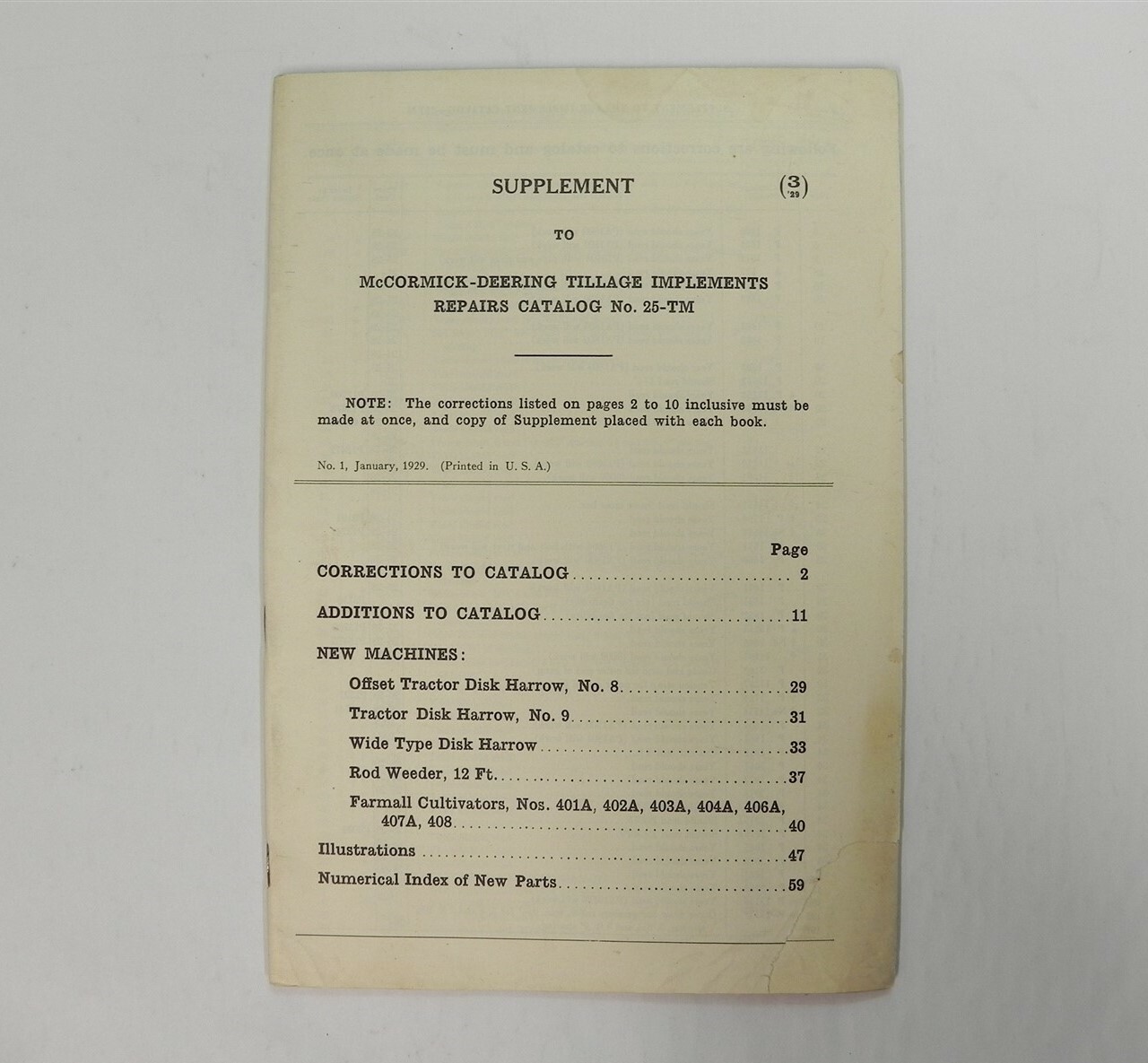 MCCORMICK-DEERING TILLAGE IMPLEMENTS REPAIRS CATALOG *IN GOOD CONDITION* 
