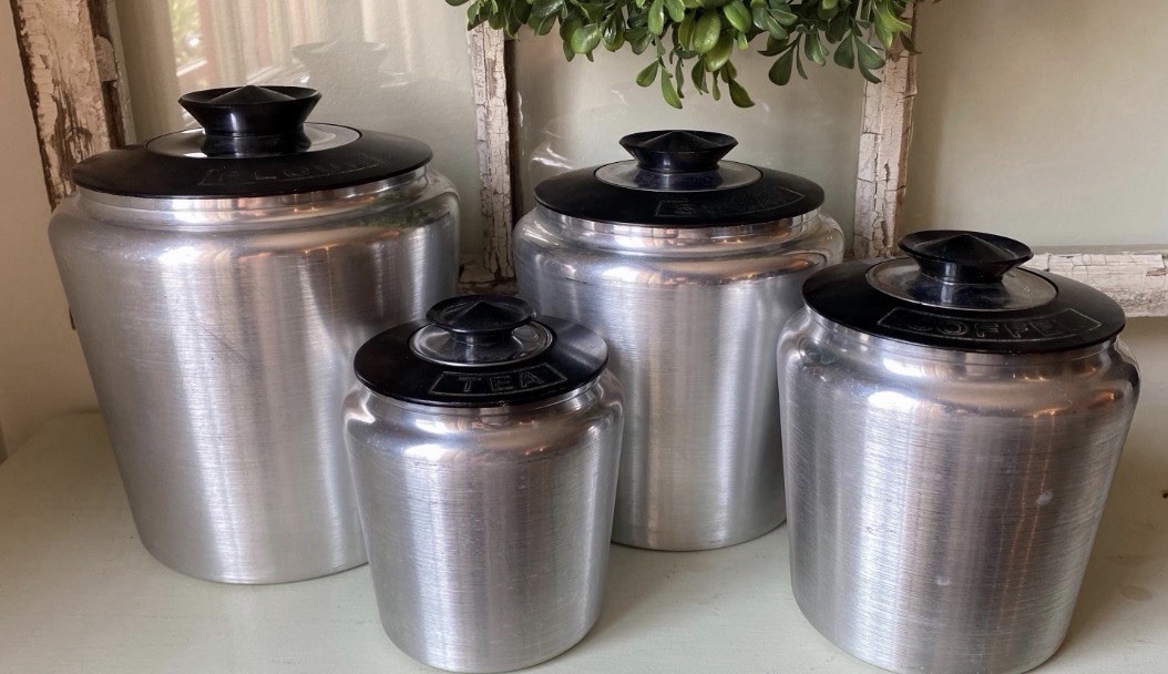 1950’s Vintage Kromex Aluminum Canister Set Flour Sugar Coffee Tea MCM Retro