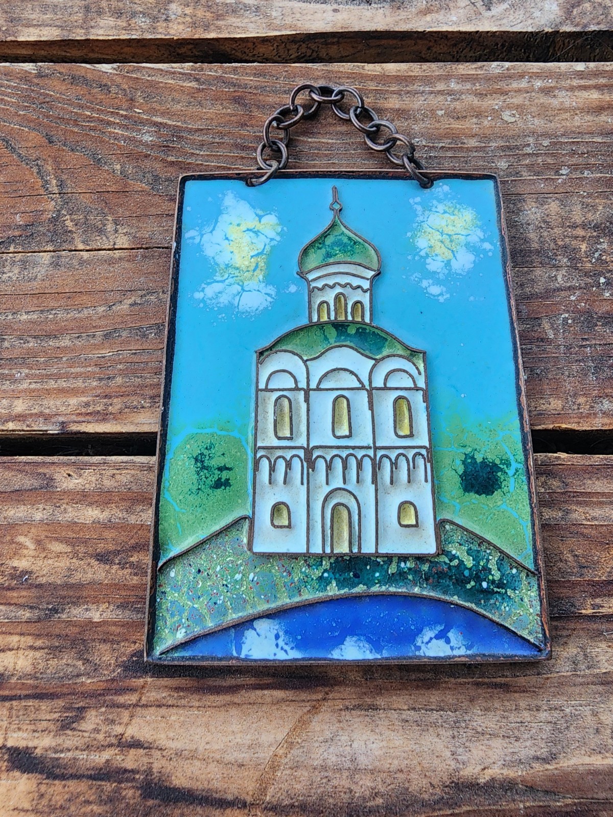 Vintage Soviet Russian Copper Enamel Wall Plaque Church of the Intercession...
