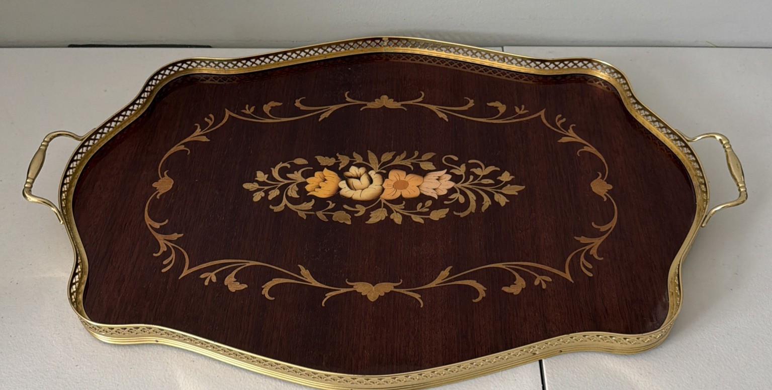 Vintage MC Italian Marquetry Sorrento Handled Serving Tray Inlaid Wood