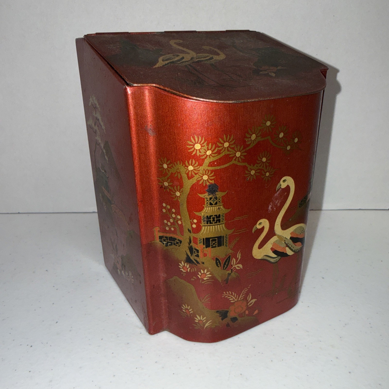 Vtg BARET Ware Tin Tea Canister~Hinged Lid~Asian Style ~ Flamingos~England 🔥👀