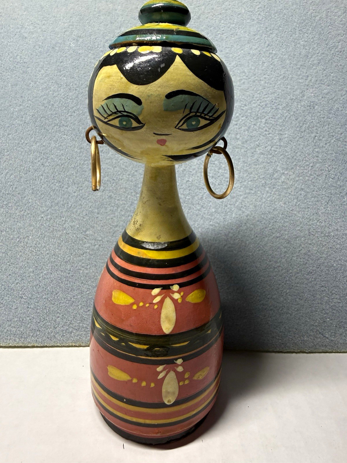 Vintage Hand Painted Wooden Folk Art Lady Doll Figurine Hoop Earrings 9” Vintage Hand Painted Wooden Folk Art Lady Doll Figurine Hoop Earrings 9”