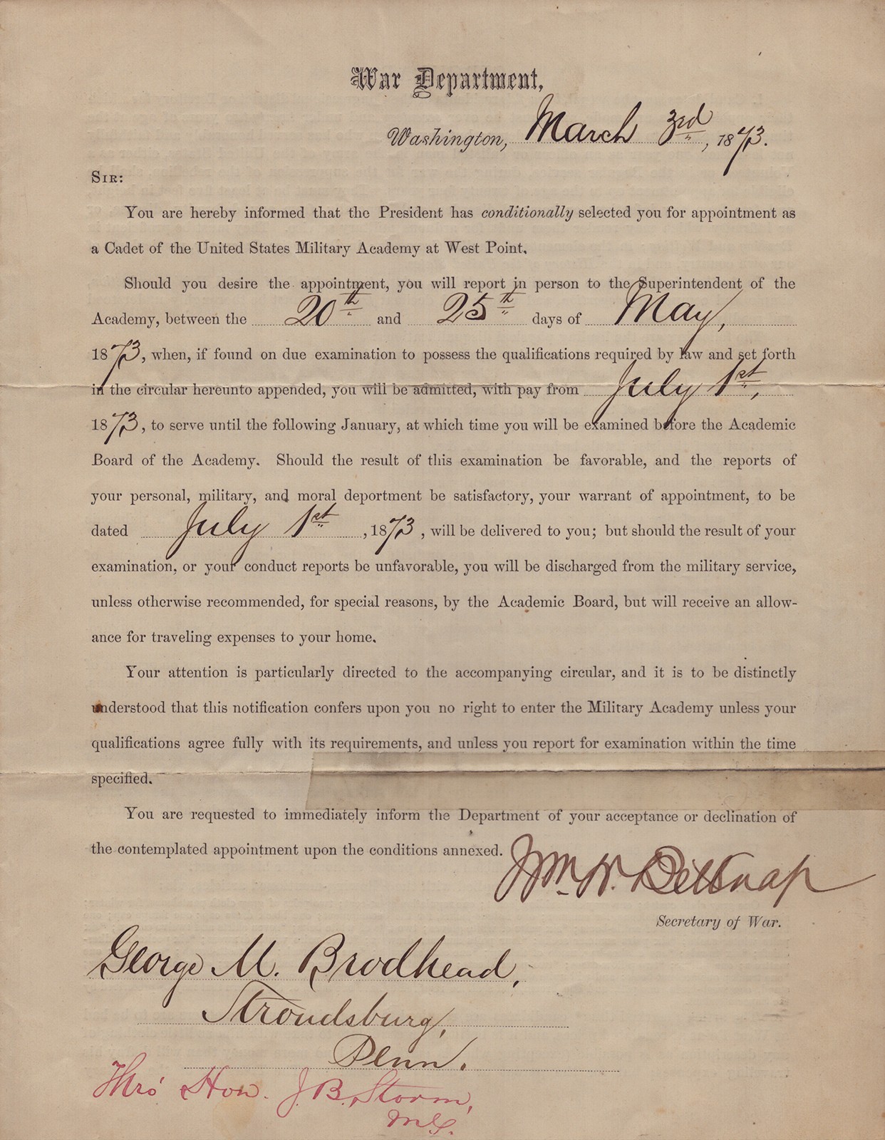 WILLIAM W. BELKNAP - MILITARY APPOINTMENT SIGNED 03/03/1873