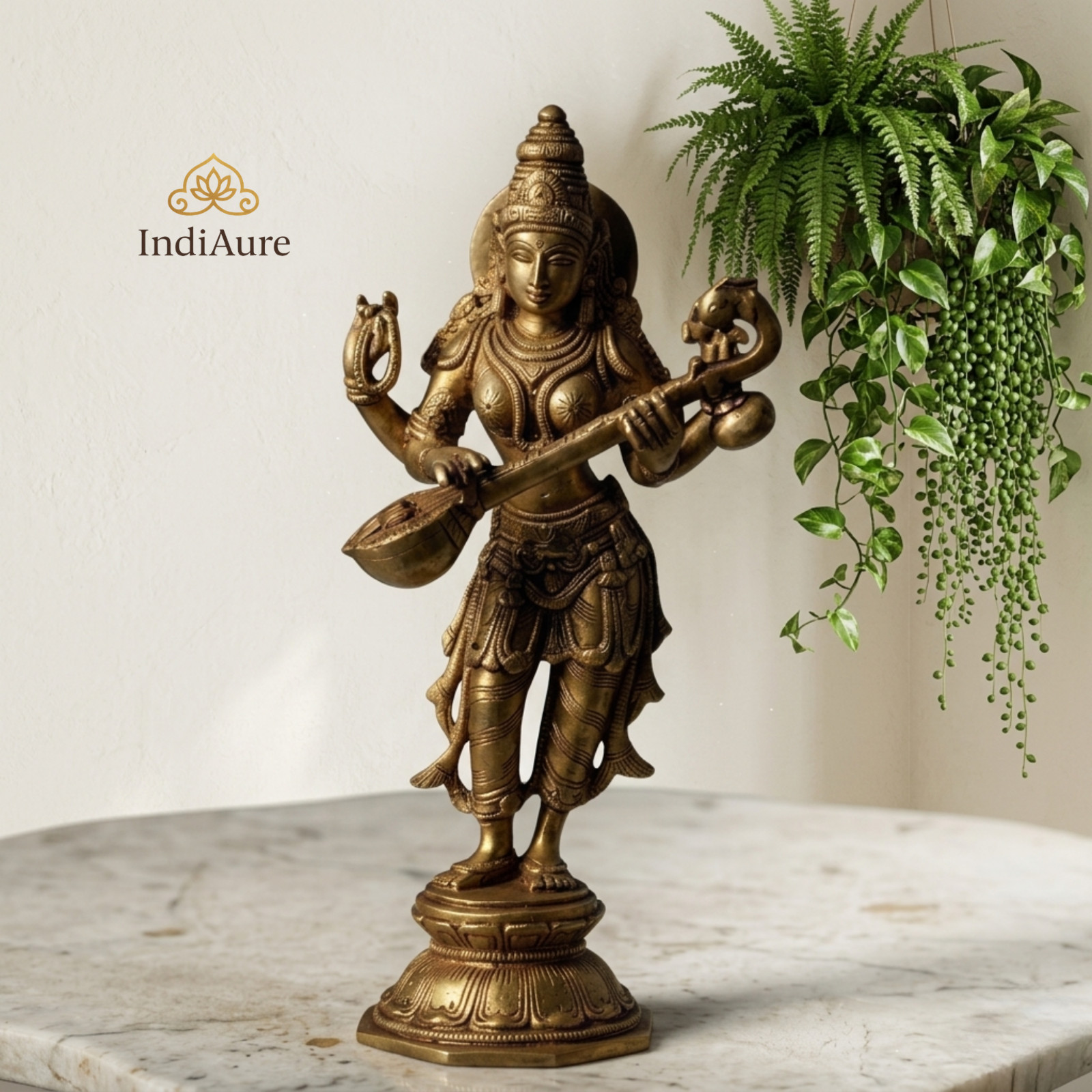 Brass Saraswati Idol 10” Antique | Goddess of Wisdom Decor