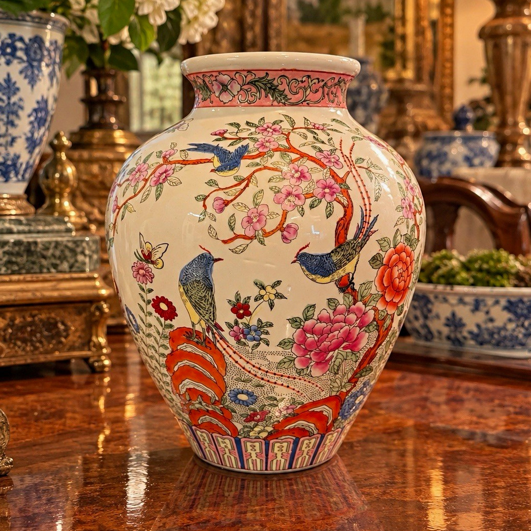 Chinese Famille Rose Porcelain Vase Birds Flowers Tongzhi Style Mark 9”