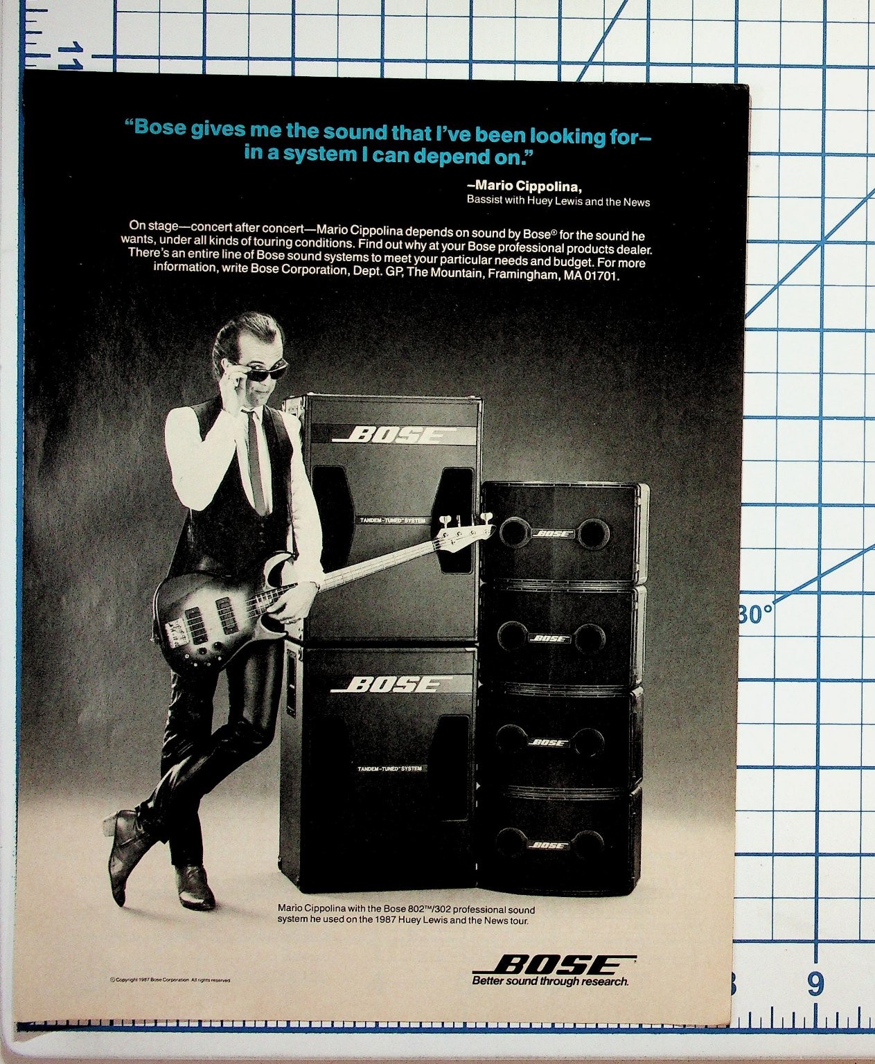 1987 Bose Ad Mario Cipollina Huey Lewis Bassist Professional Sound System 1987 Bose Ad Mario Cipollina Huey Lewis Bassist Professional Sound System