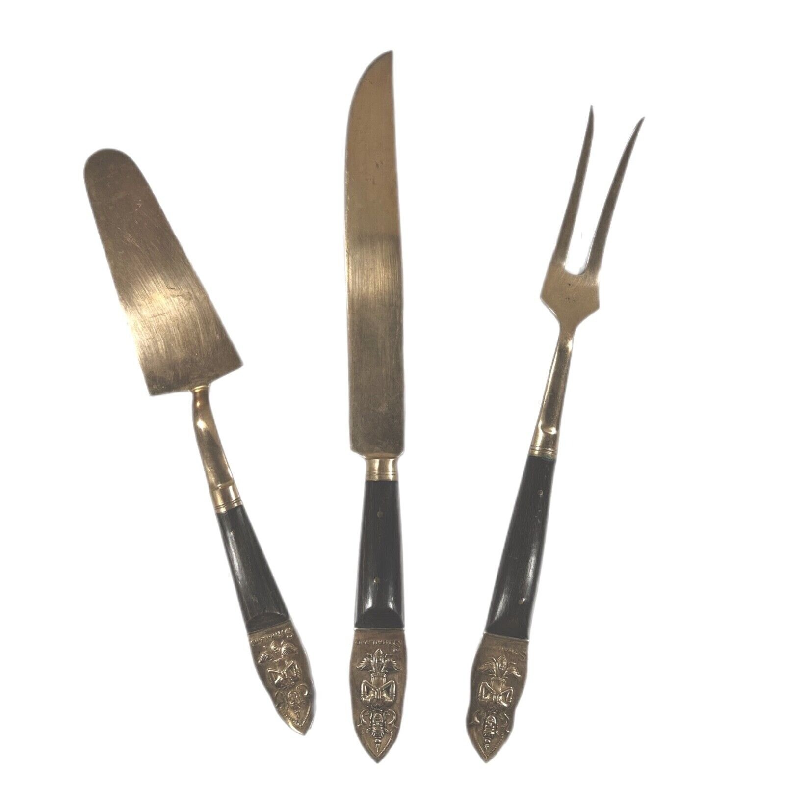 Vintage Thai Siam Brass Wood Handled Carving Knife Fork Server Set Engraved