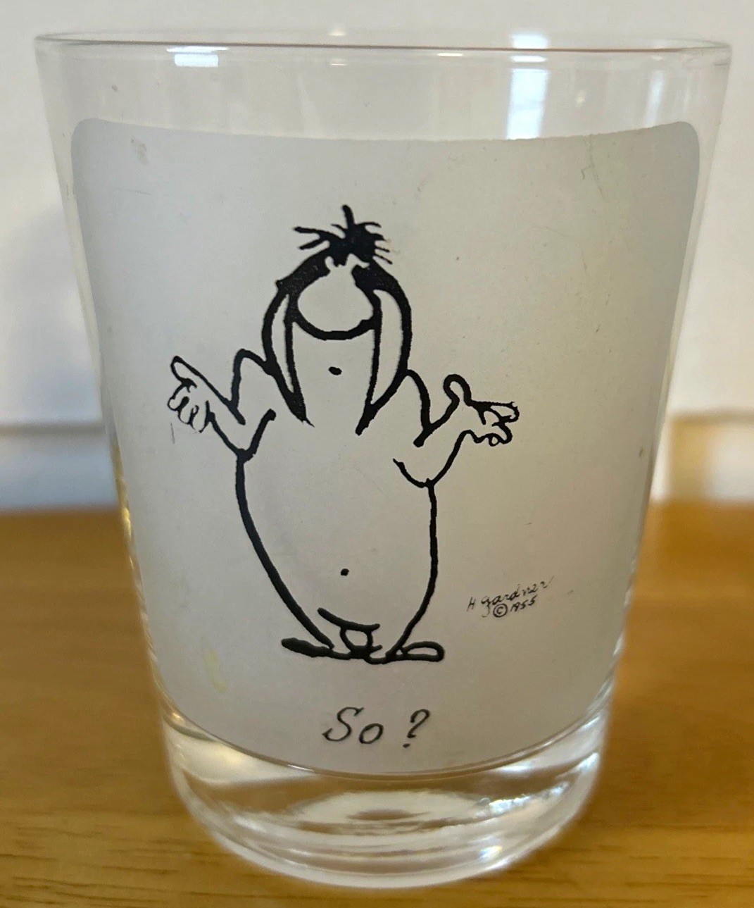 Vintage 1955 Herb Gardner Nebbish “So?” Frosted Drinking Glass Mid Century Vintage 1955 Herb Gardner Nebbish “So?” Frosted Drinking Glass Mid Century