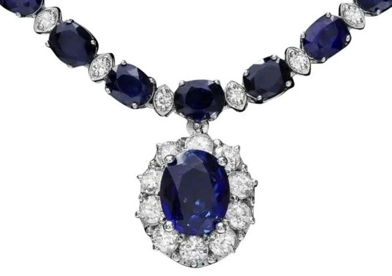 26.40Ct Diamond & Blue Sapphire Cluster Pendant Necklace 14K White Gold Over 17\