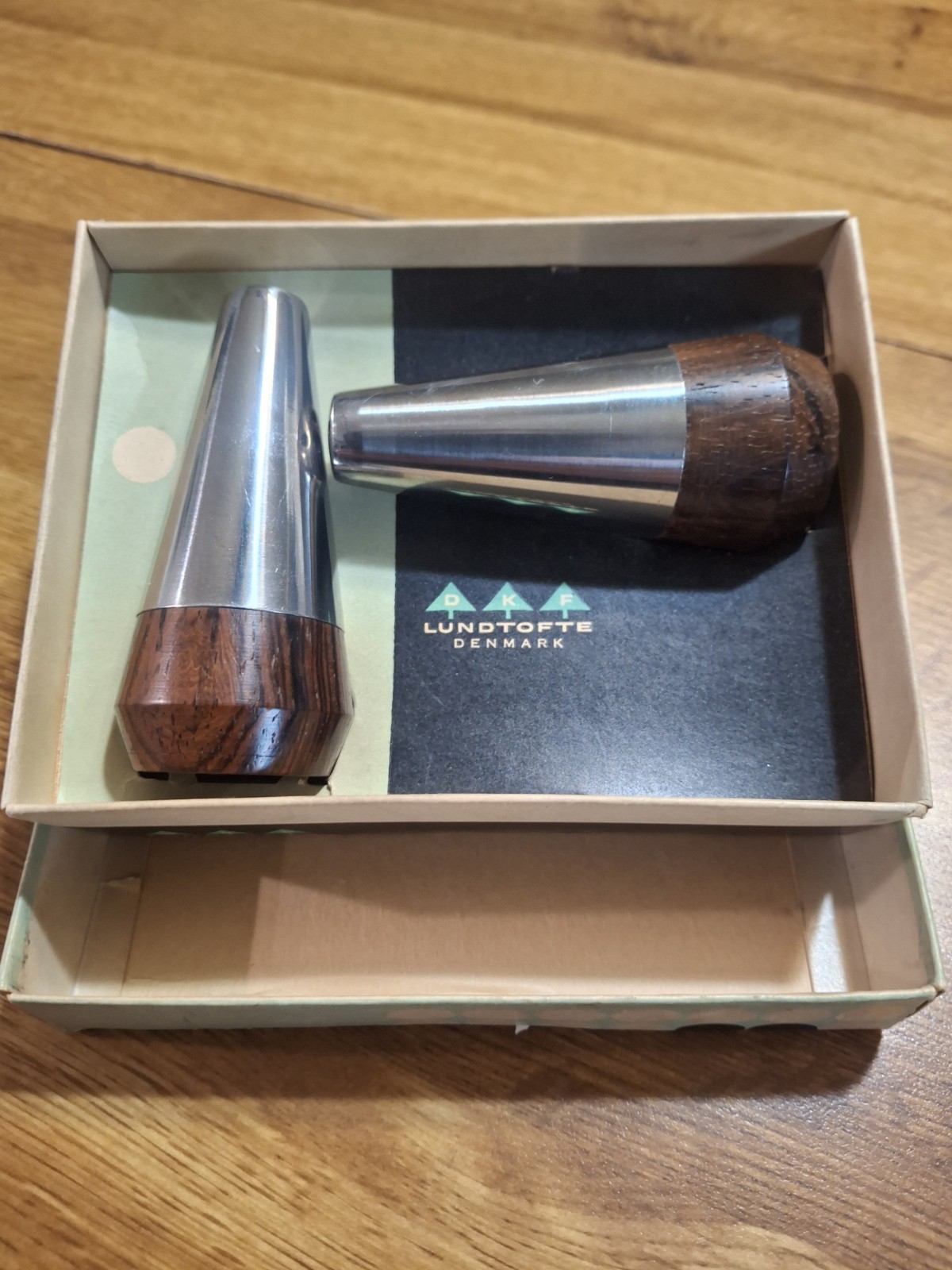Vintage 1960s A&B Lundtofte Denmark Salt & Pepper Shakers Rosewood Stainless Box