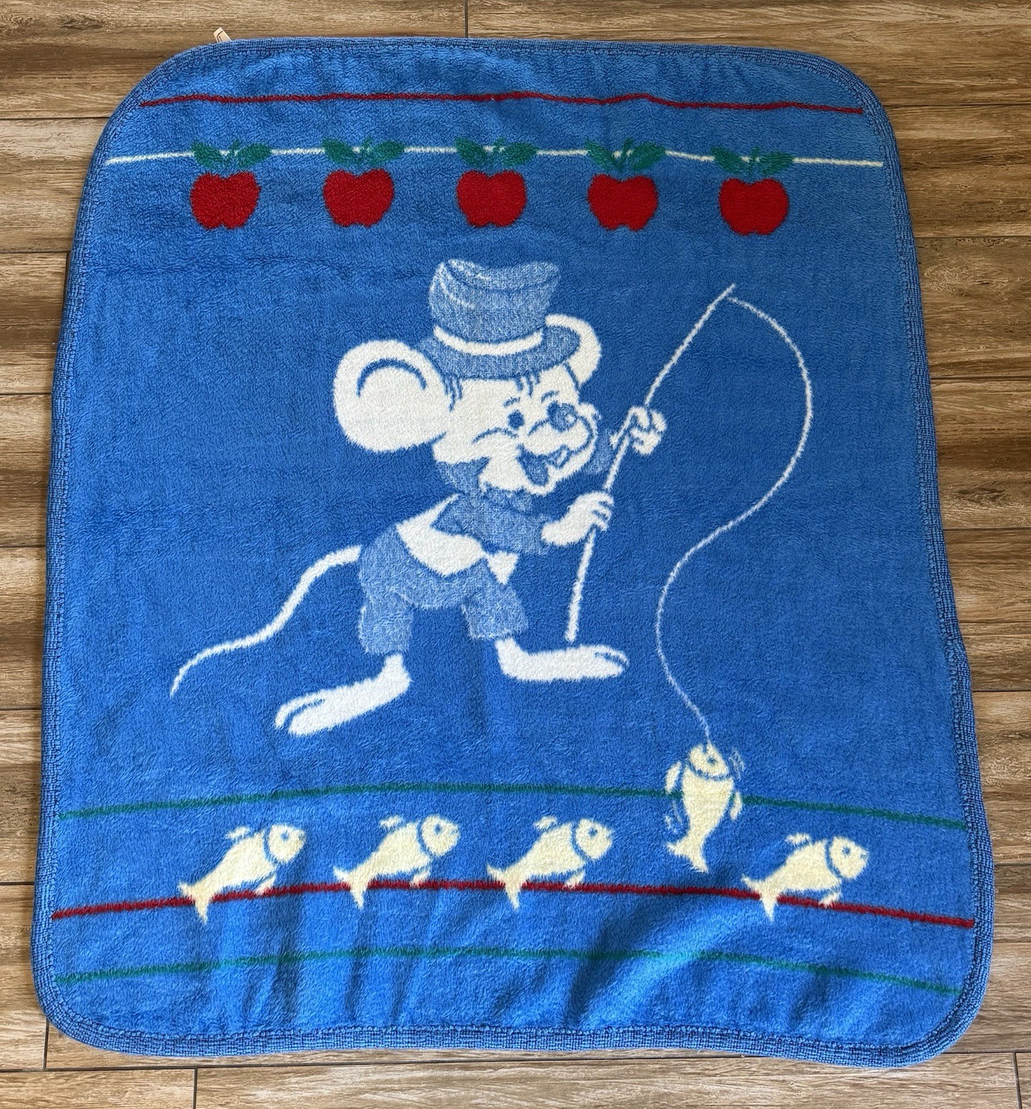 Rare Vintage San Marcos Mexico Mouse Fishing Blanket Child Crib Blue 43x53