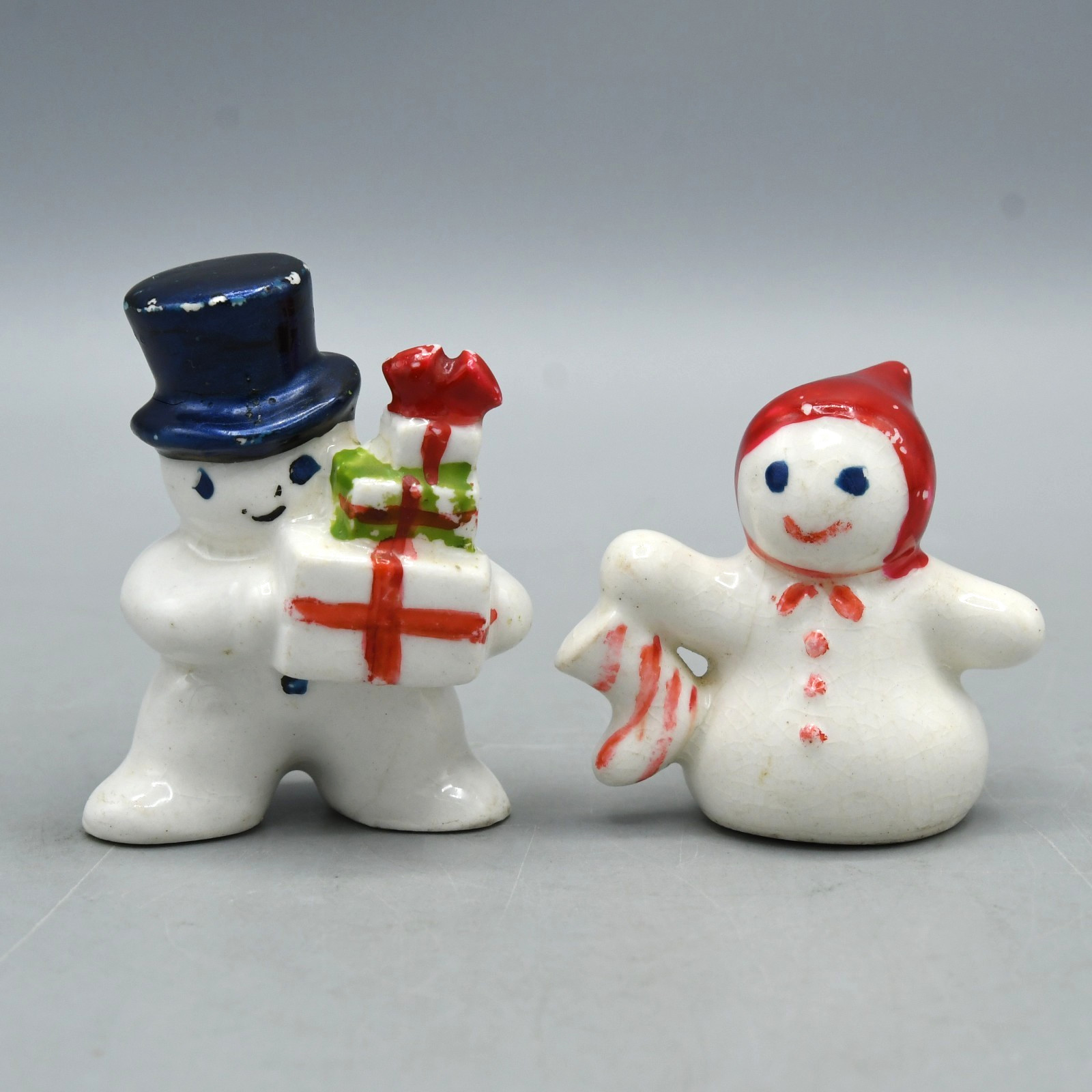 Vintage Snowman Figurine Set 1950s MCM Japan Paper Label Christmas Ceramic