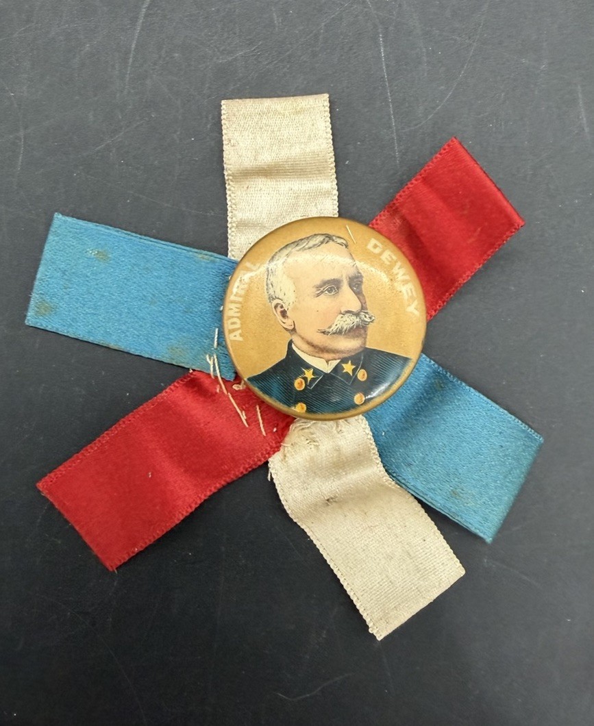 Antique Admiral Dewey Commemorative Pin Ribbon Badge Spanish American War Antique Admiral Dewey Commemorative Pin Ribbon Badge Spanish American War