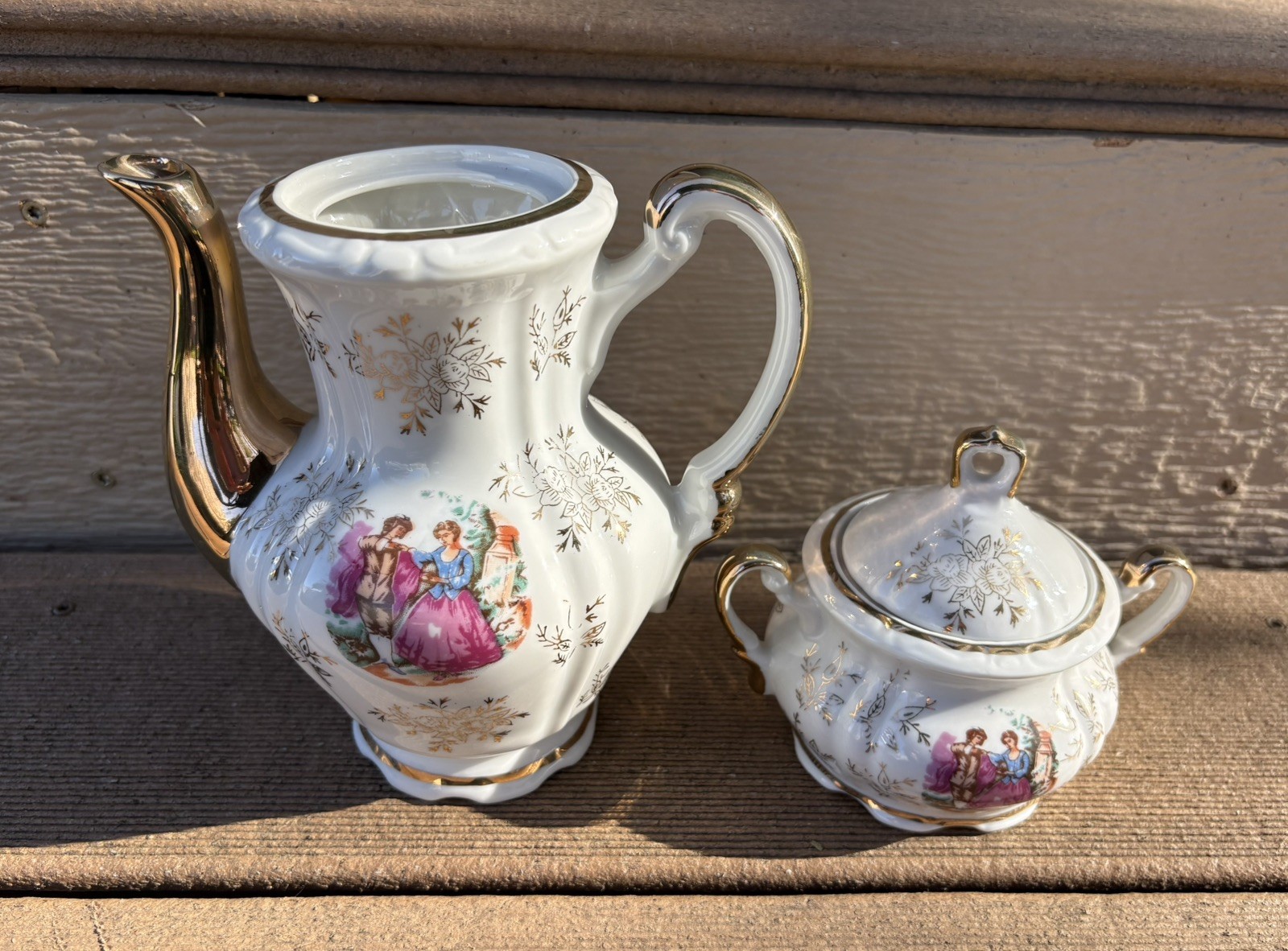Vintage Norleans Japan Courting Couple Porcelain Teapot & Creamer Set -Mint Gold