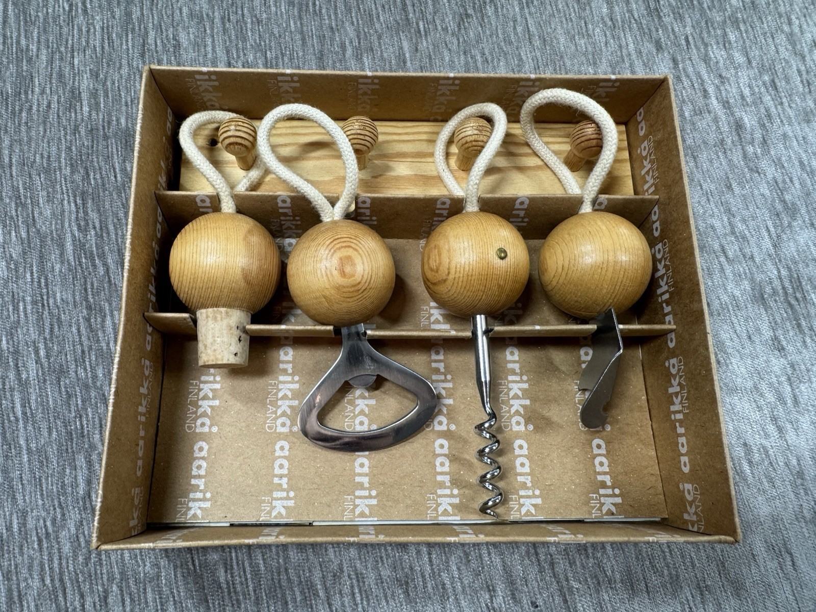 Aarikka Finland Wood Bottle Opener Set w/ Wall Mount Barware Corkscrew Stopper