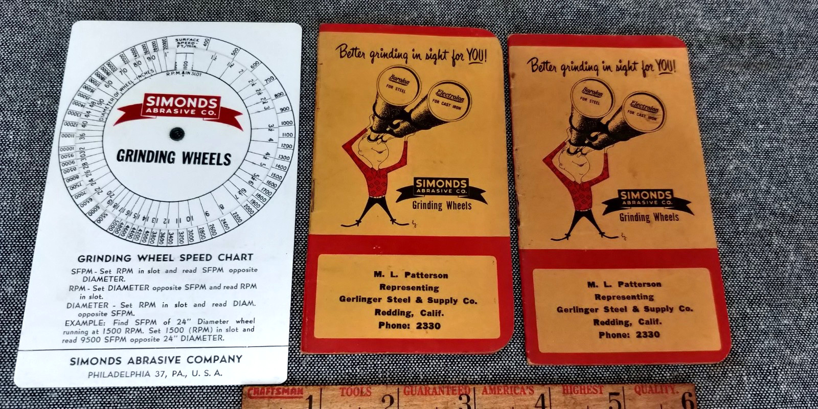 Vintage Simonds Abrasives Co.  Grinding Wheel Speed Chart  + 2 Notepads
