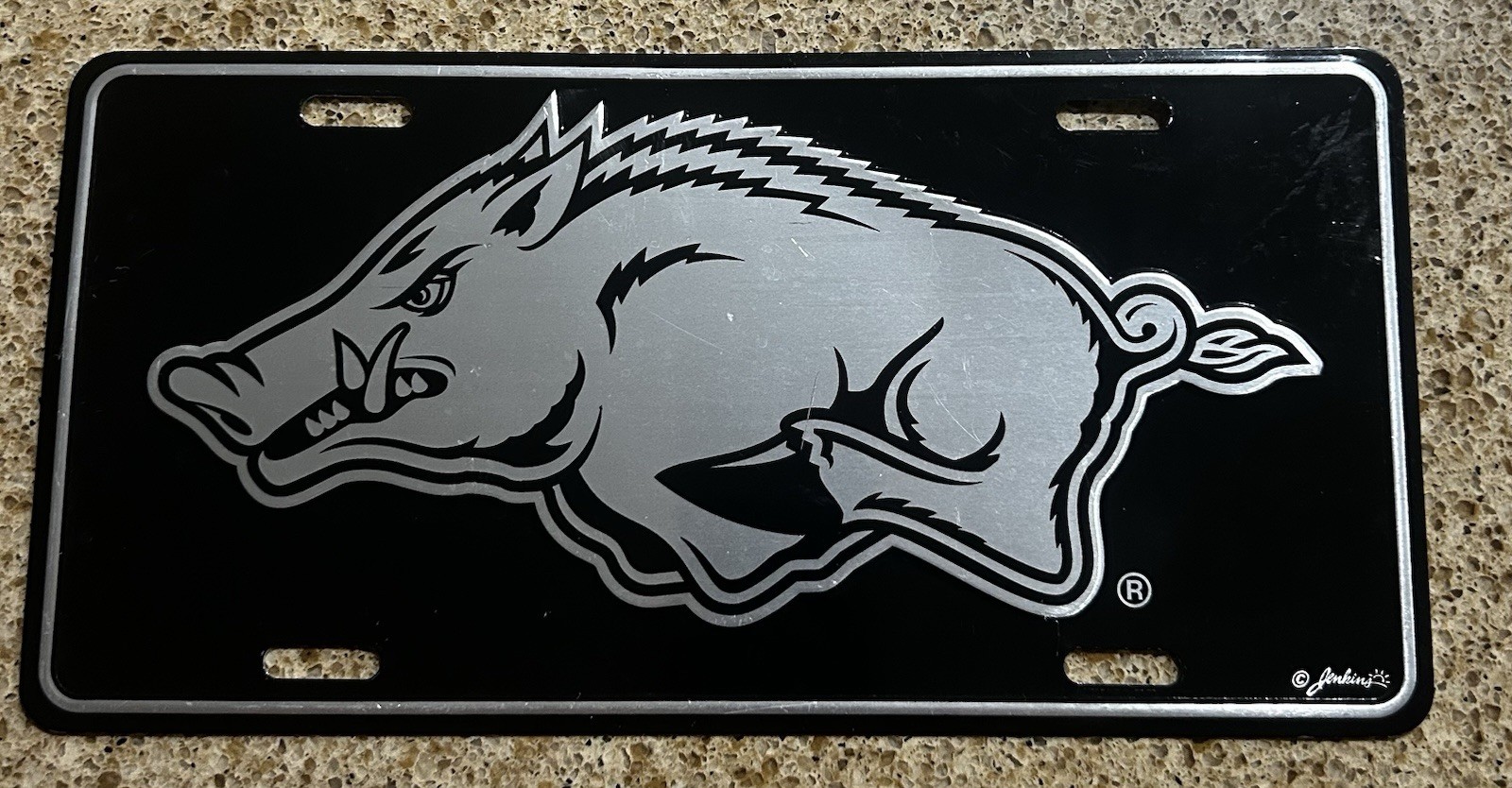 Vintage University of Arkansas Razorbacks Booster License Plate Black & Silver