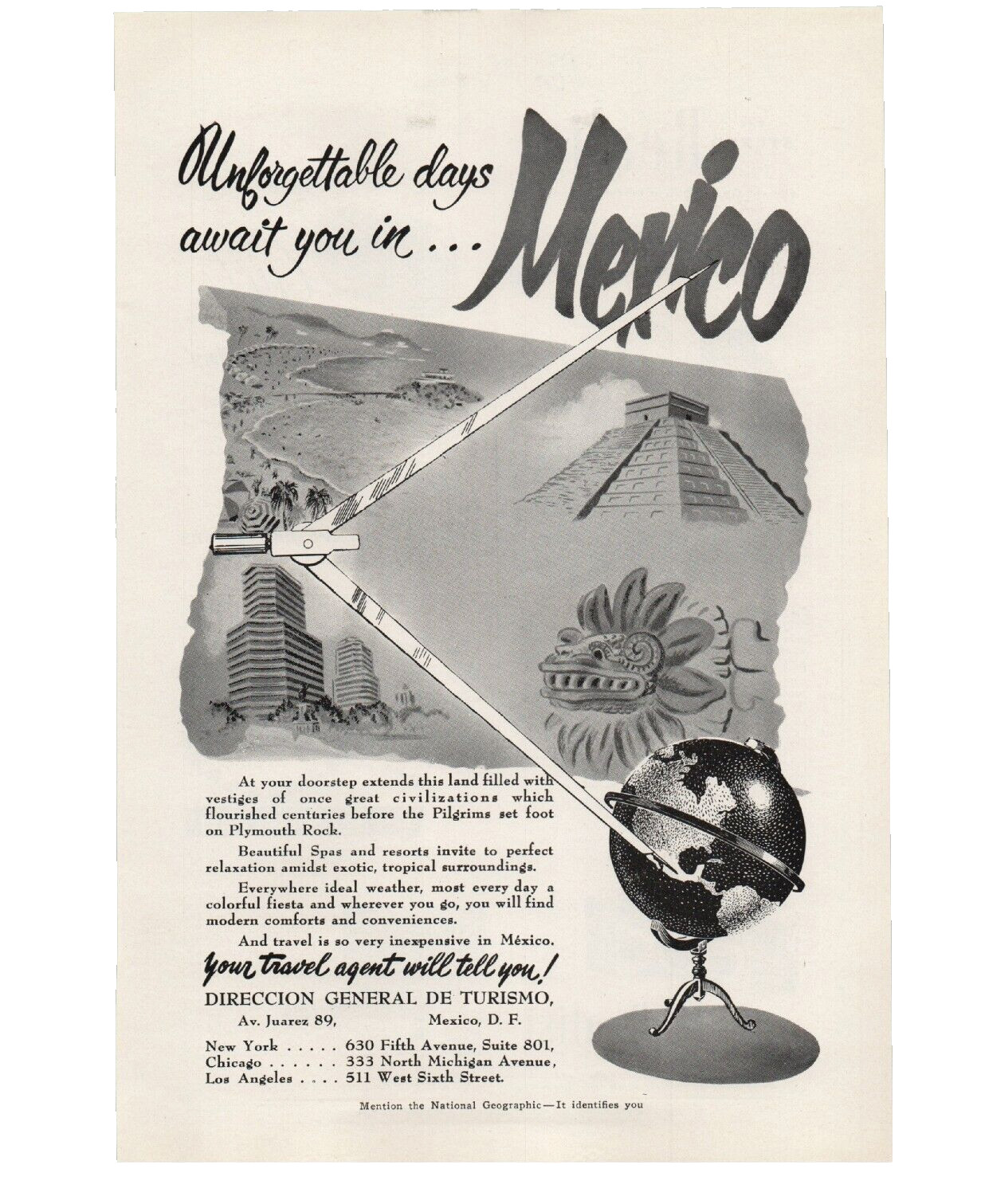 Vintage Mexico Travel Tourism 1951 Magazine Print Ad Globe Compass Turismo Vintage Mexico Travel Tourism 1951 Magazine Print Ad Globe Compass Turismo
