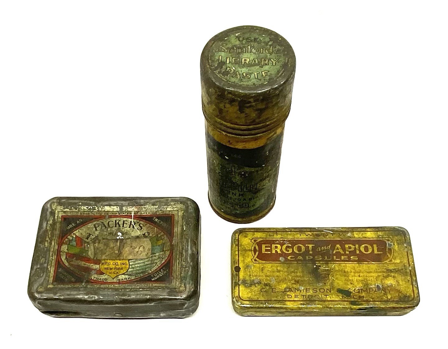 Vintage Mid Century Metal Medicine Tins Ergot Apiol Packers Sanlord Library