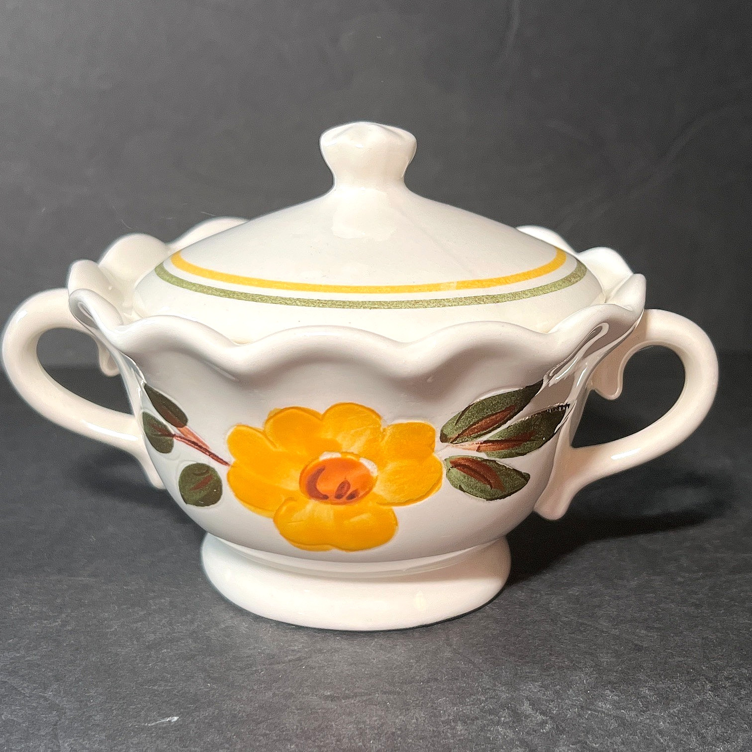 Rare Vtg Stangl Pottery Sunshine Pattern Lidded Sugar Bowl Ceramic Hand Pntd Rare Vtg Stangl Pottery Sunshine Pattern Lidded Sugar Bowl Ceramic Hand Pntd