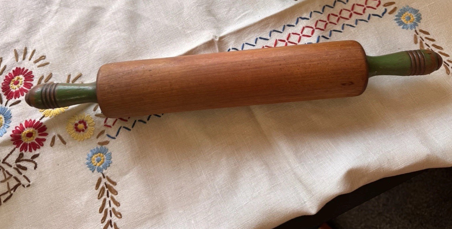 Antique Victorian Maple Rolling Pin Original Green Painted Handles c1875-1890