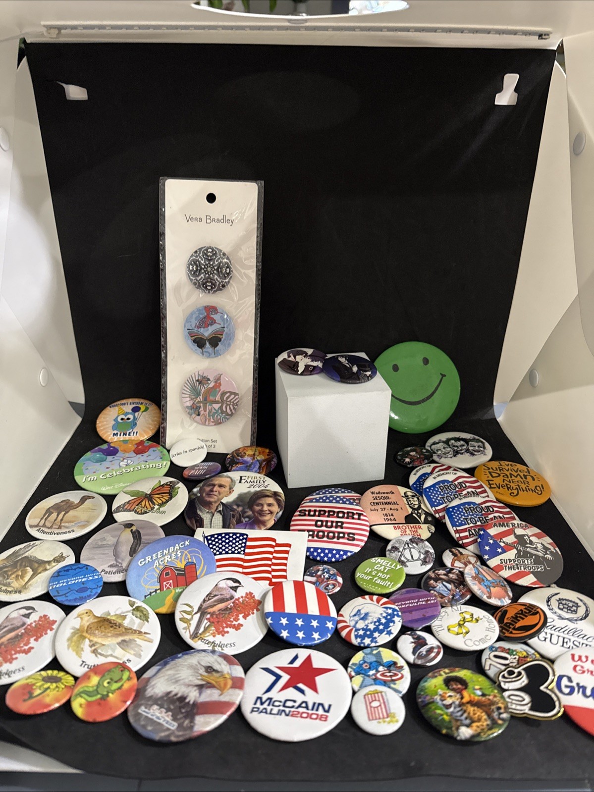 Lot Of Buttons Vintage Political Anime Vera Bradley Marvel Cleveland Indians