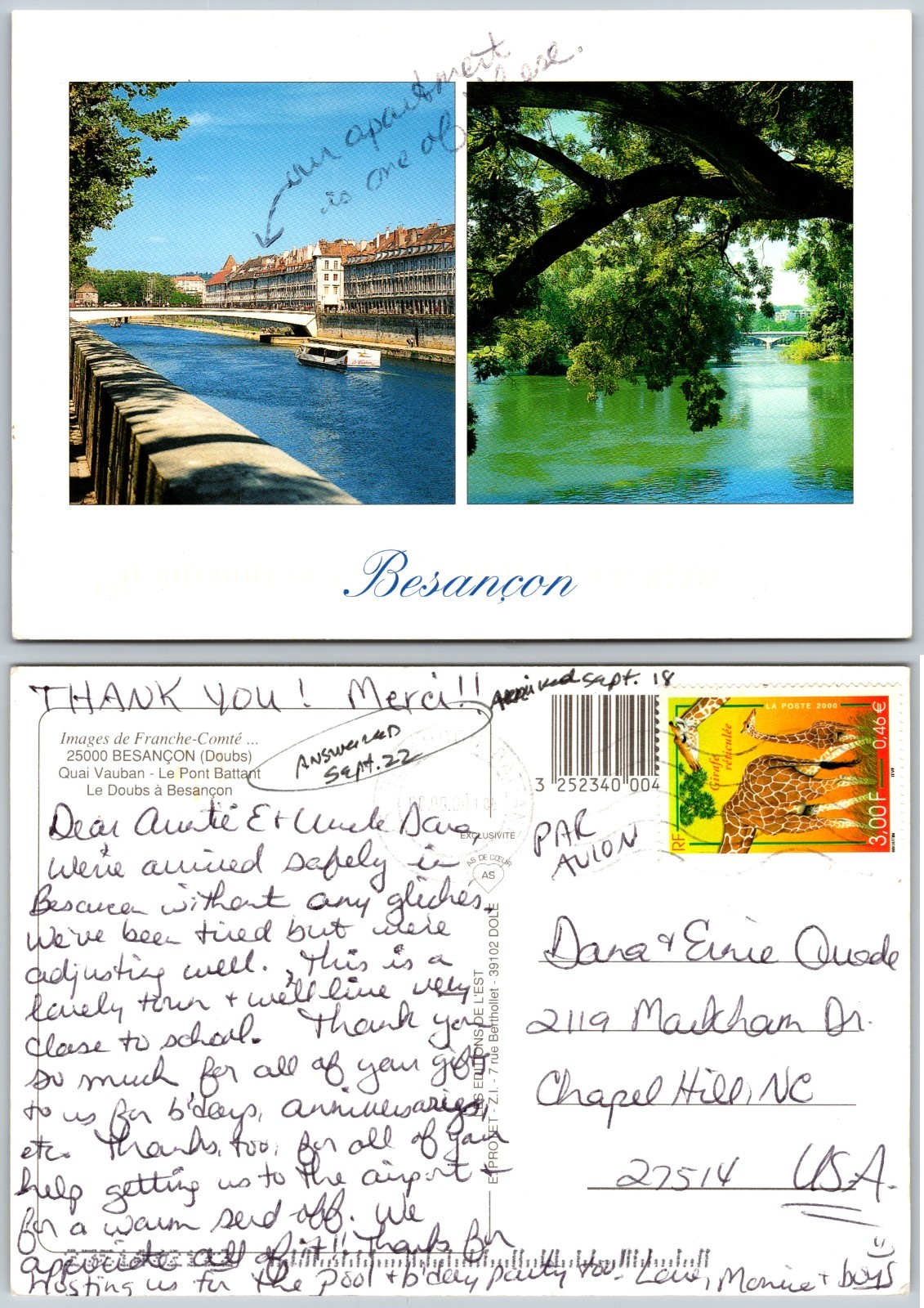 Continental Besancon Riverfront View Postcard