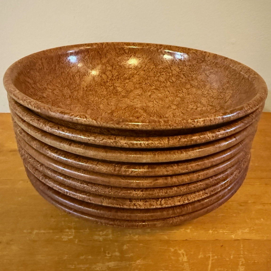 Vtg Boltalite Melamine Faux Burl Wood 8” Serving Salad Bowls Set of 9 MCM USA-EC