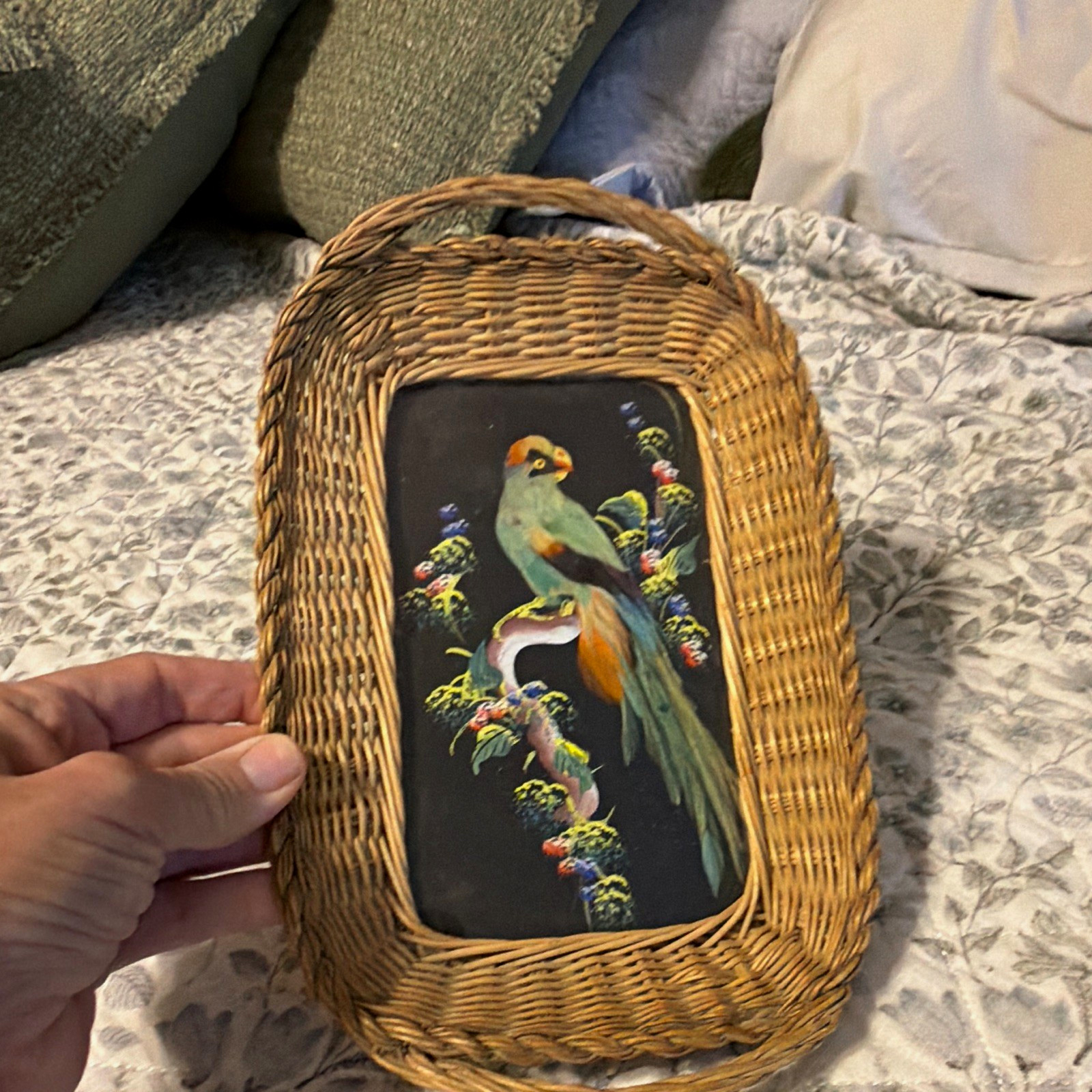 Vtg 1950s Mexican Feathercraft Wicker Basket Tray Bird Art Stamped Made in Mexic Vtg 1950s Mexican Feathercraft Wicker Basket Tray Bird Art Stamped Made in Mexic