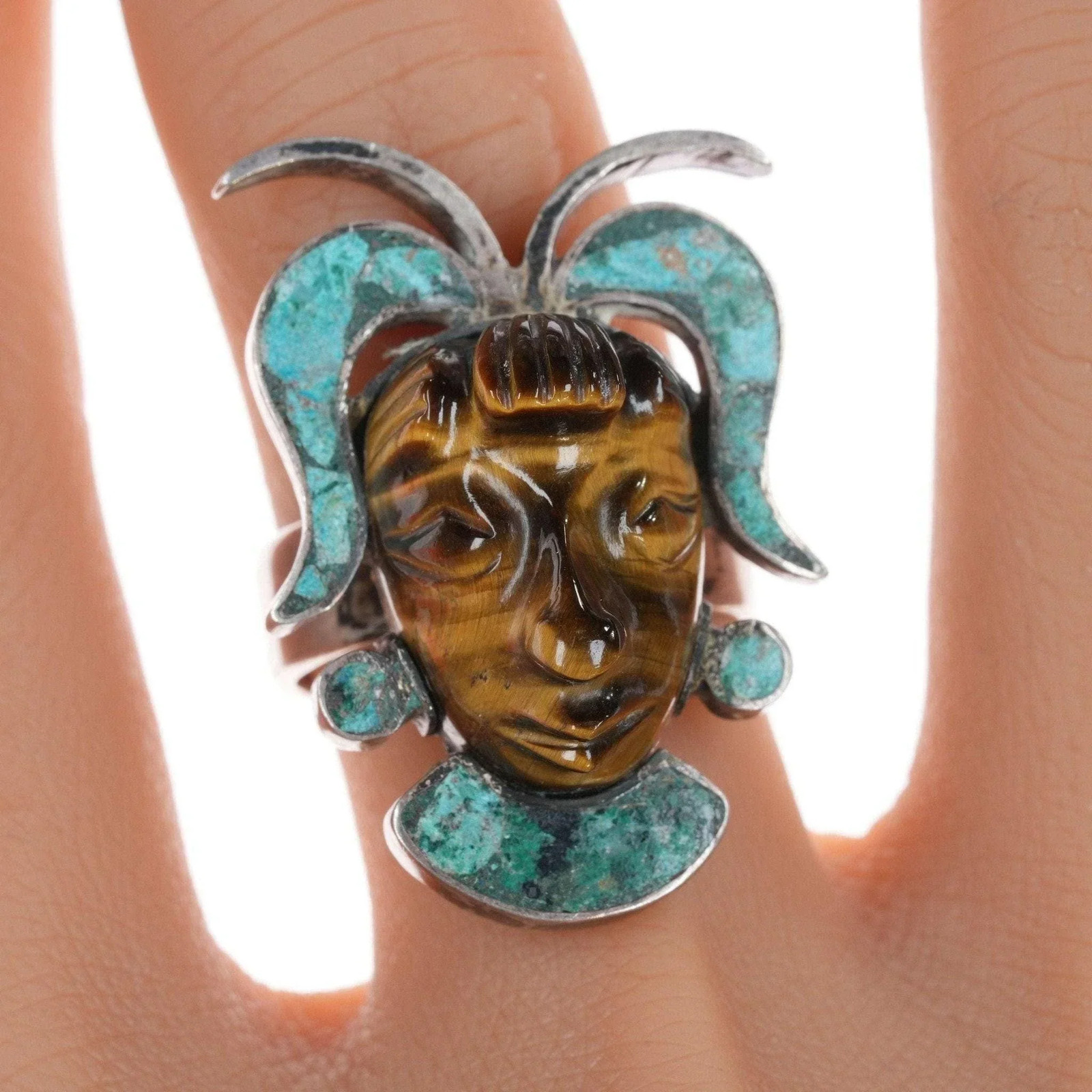 sz9.75 Mid Century Mexican sterling silver carved tiger\'s eye ring sz9.75 Mid Century Mexican sterling silver carved tiger\'s eye ring