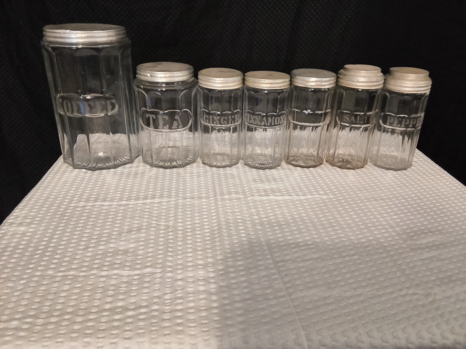 Hoosier Cabinet 7 piece glass canister set vintage 