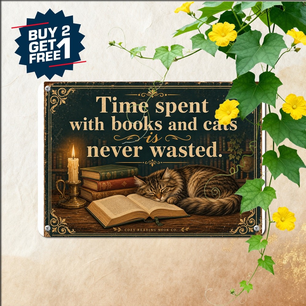 Time Spent With Books And Cats Is Never Wasted Retro Metal Sign Tin Plaque