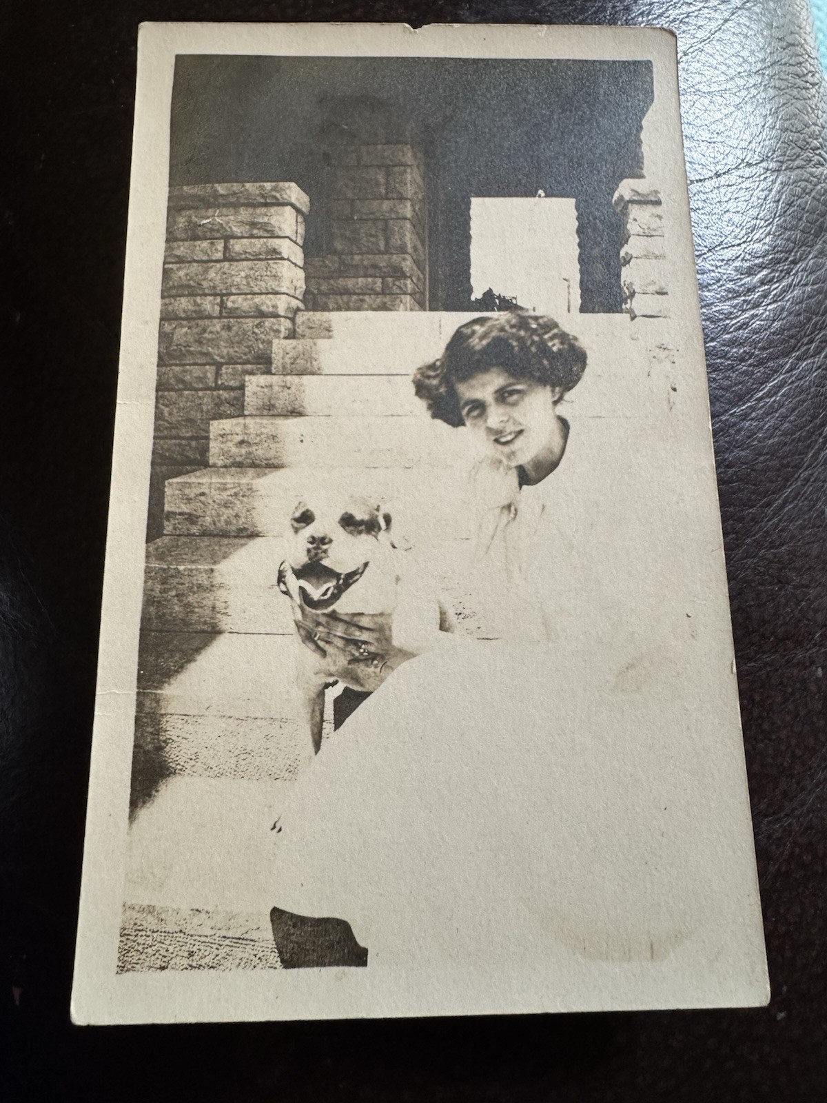 Antique RPPC American Pit Bull Dog Photo Postcard Woman Cottonwood Falls KS