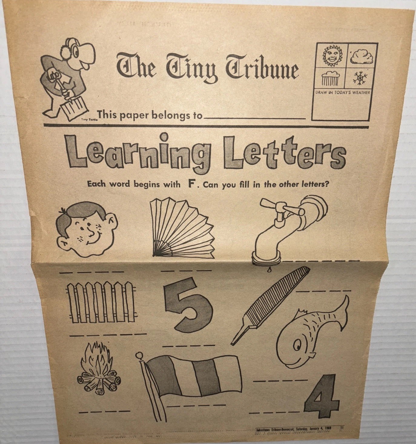 Vintage 1969 Childrens Tiny Turtle Tribune Johnstown PA Democrat Newspaper Vintage 1969 Childrens Tiny Turtle Tribune Johnstown PA Democrat Newspaper