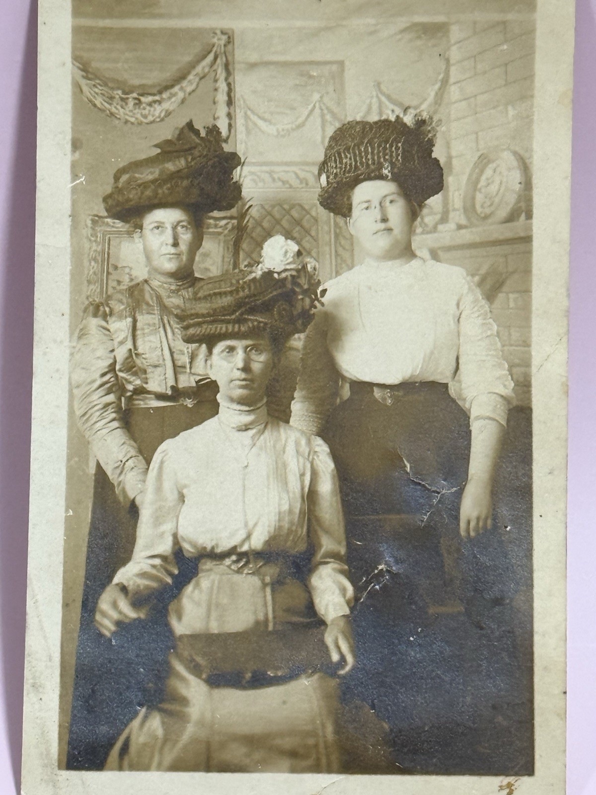 Antique RPPC Three Women in Edwardian Hats Studio Portrait Real Photo Postcard