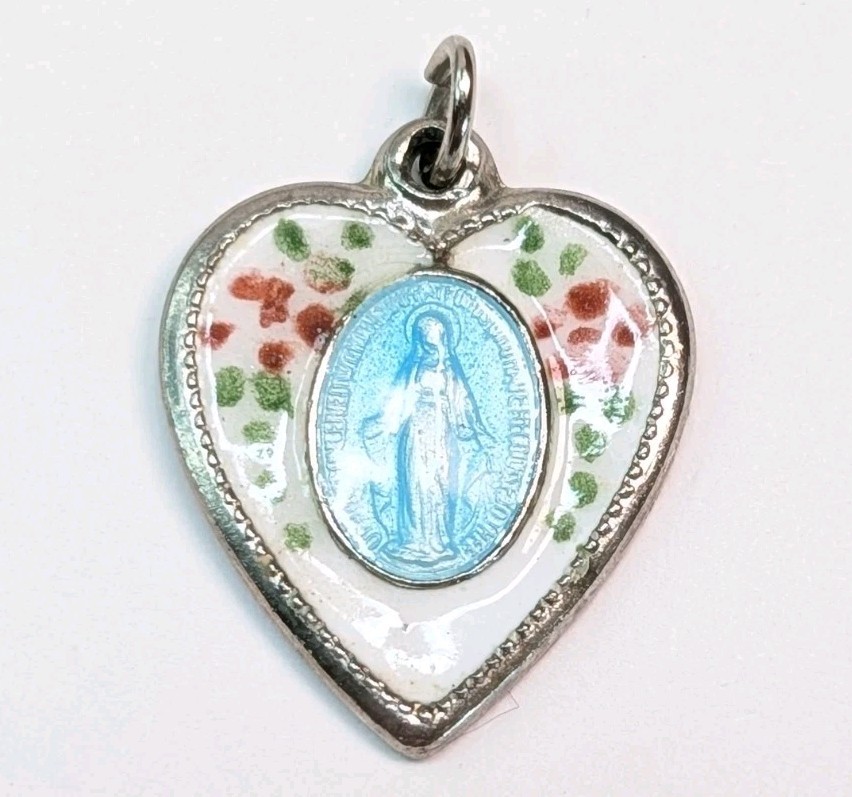 Vintage Mother Mary Heart Charm Pendant Enamel Sterling Silver Magnificent Medal