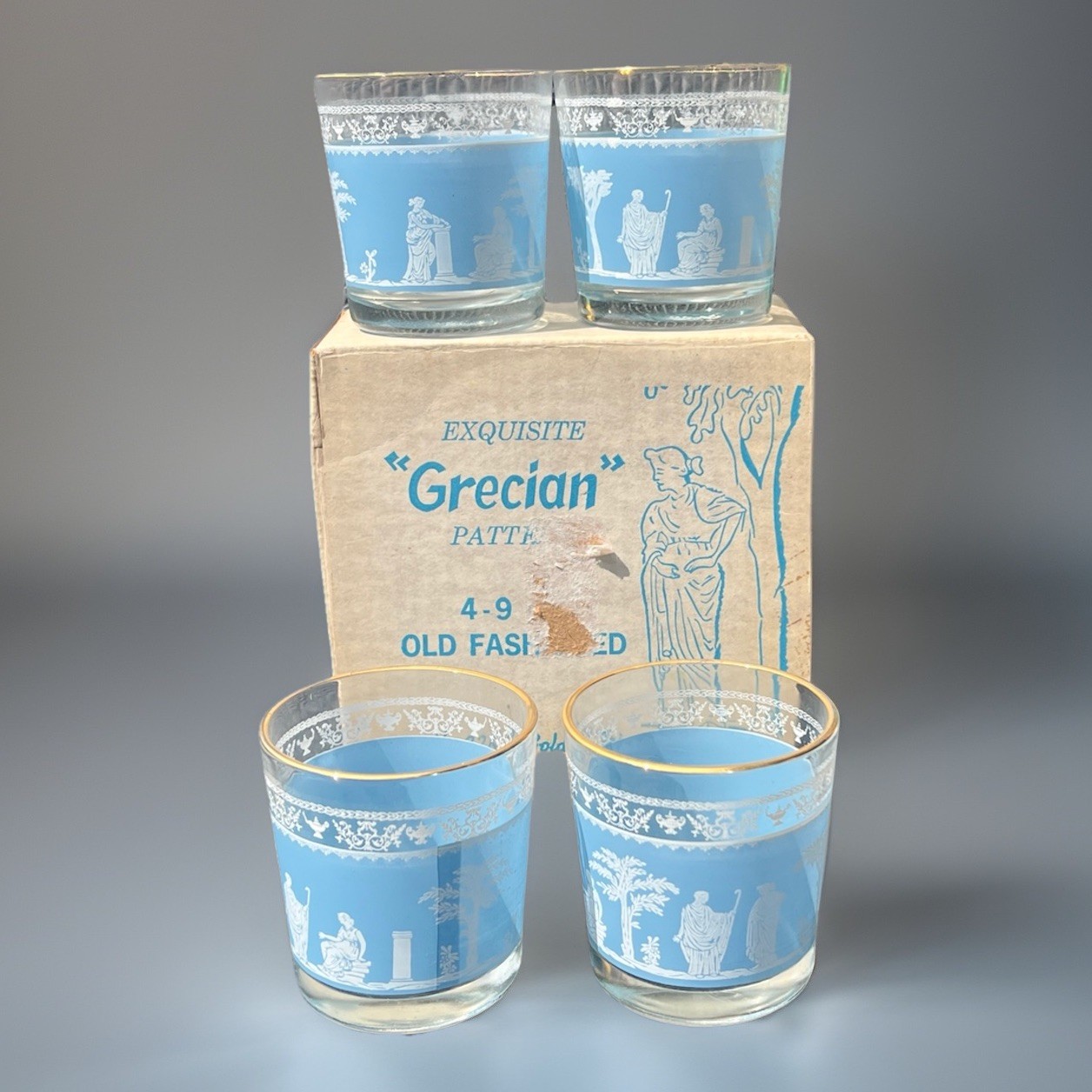Vintage Grecian Blue Old Fashioned Glasses Set Of 4 9 oz Gold Rim NOS in Box USA