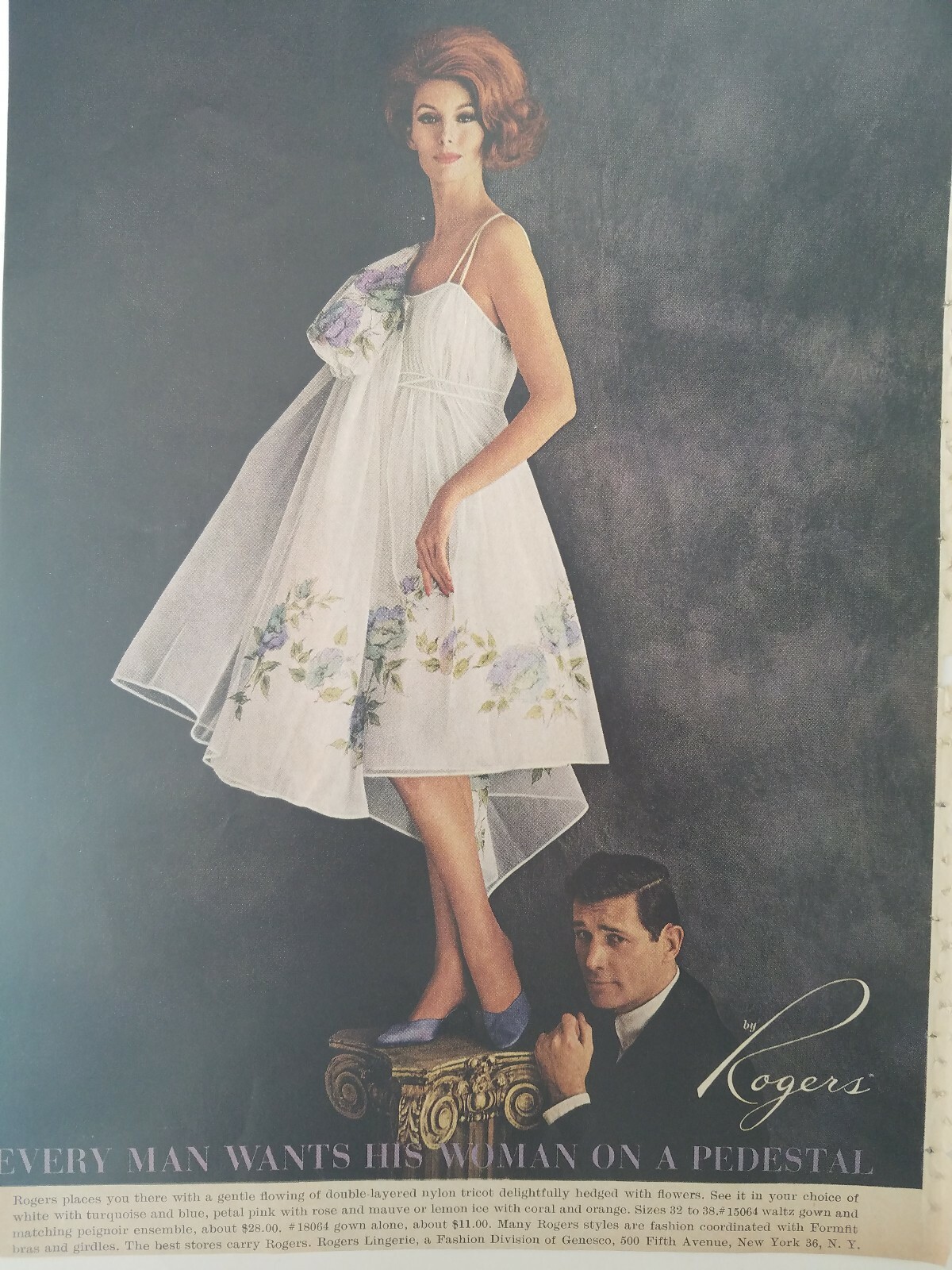 1963 women's Rogers gown peignoir floral trim redhead on pedestal vintage ad