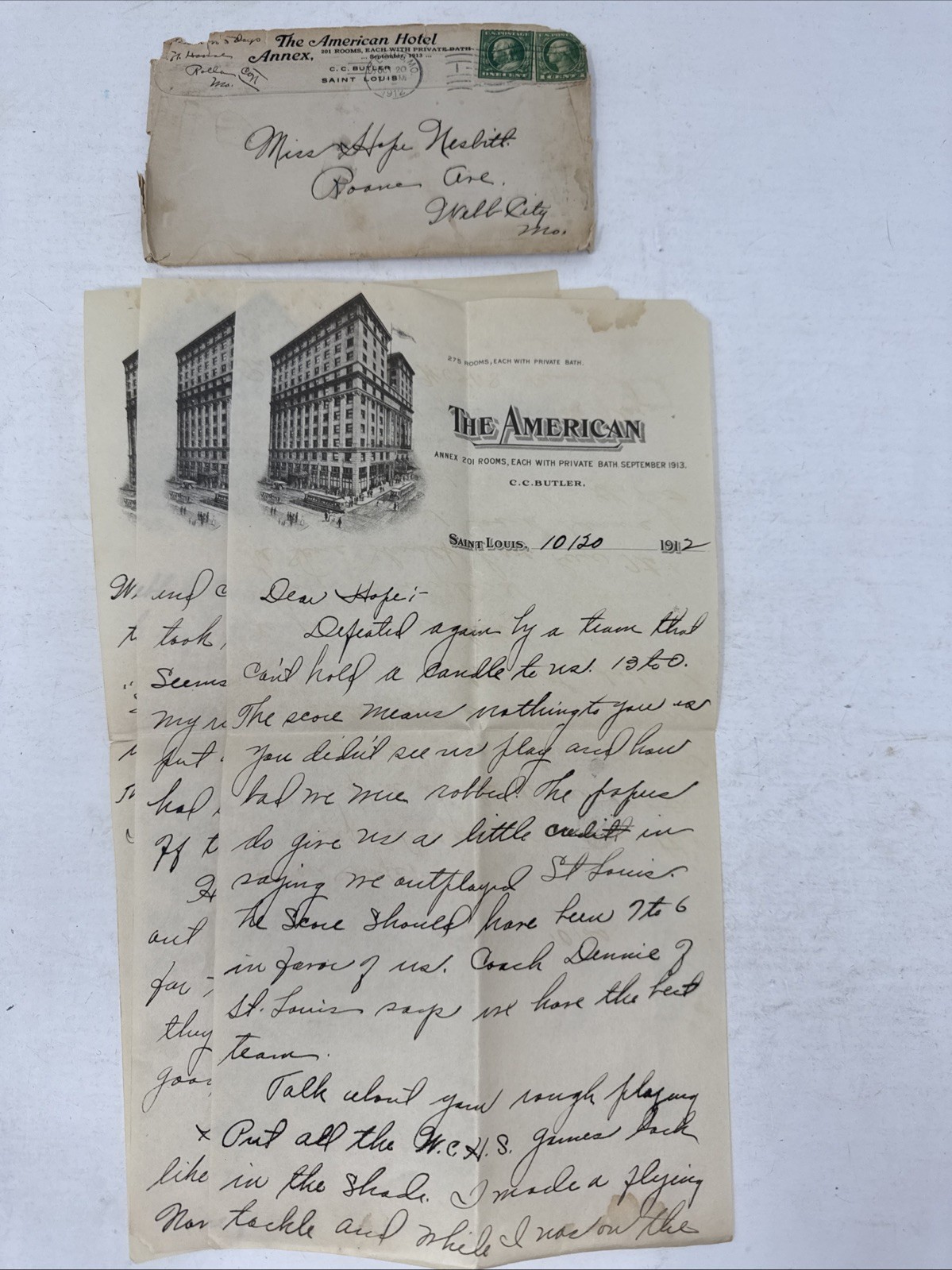 1912 Missouri Mines Football Player Letter 13-0 Loss to St Louis Billikens Game