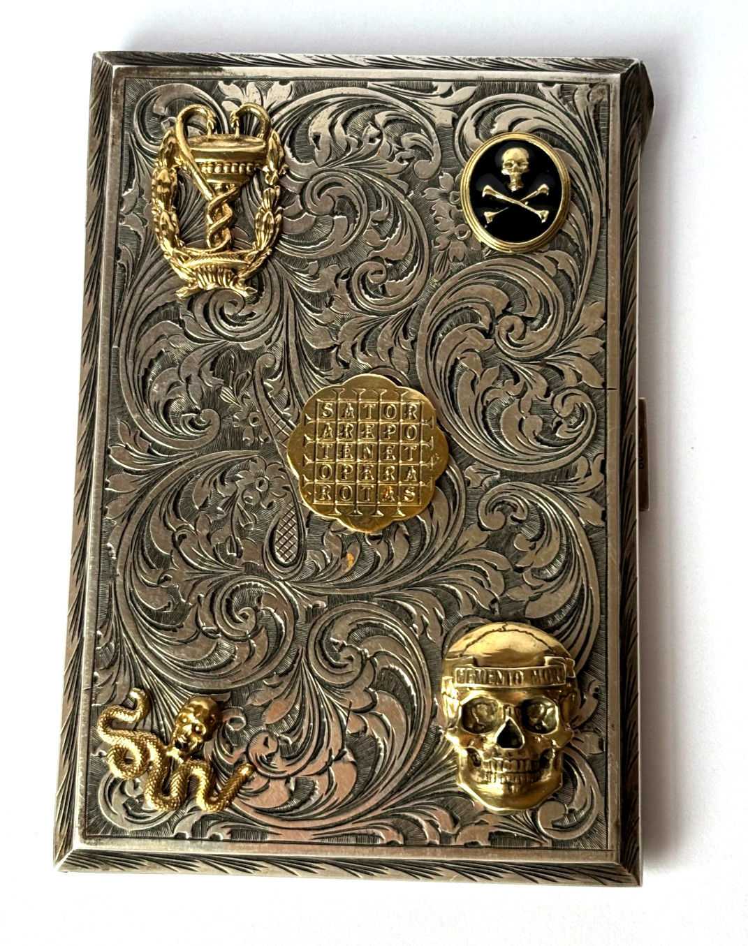 Vintage Memento Mori Skulls SATOR Silver 800 Gilded Enamel Snake Cigarette Box