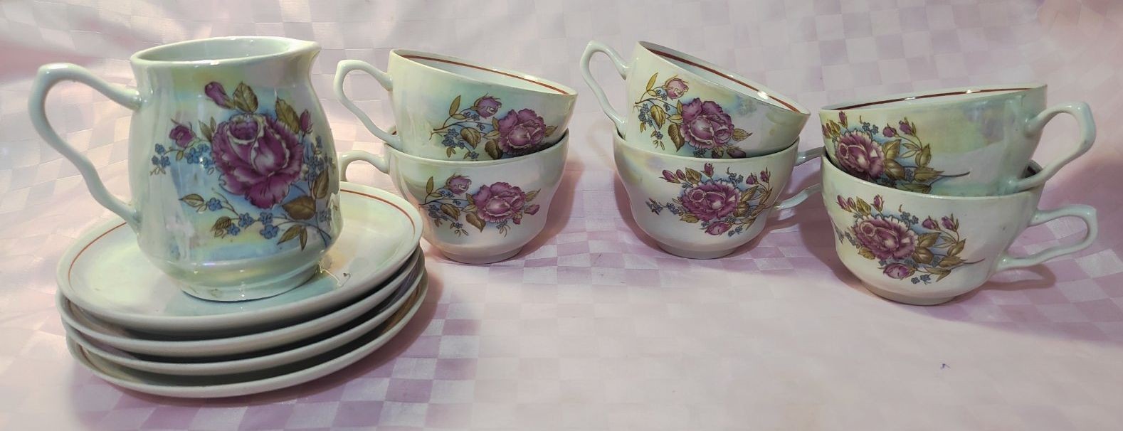 Vintage USSR Soviet Porcelain Tea Set Lusterware Purple Rose Cups