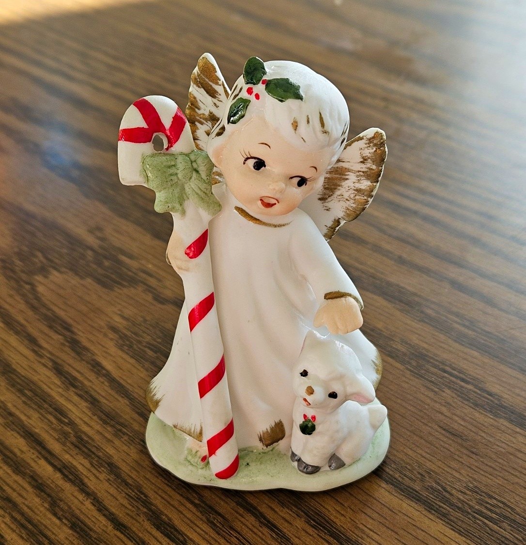 Vintage Lefton Hand Painted Christmas Angel Girl With Candy Cane And Lamb #1752