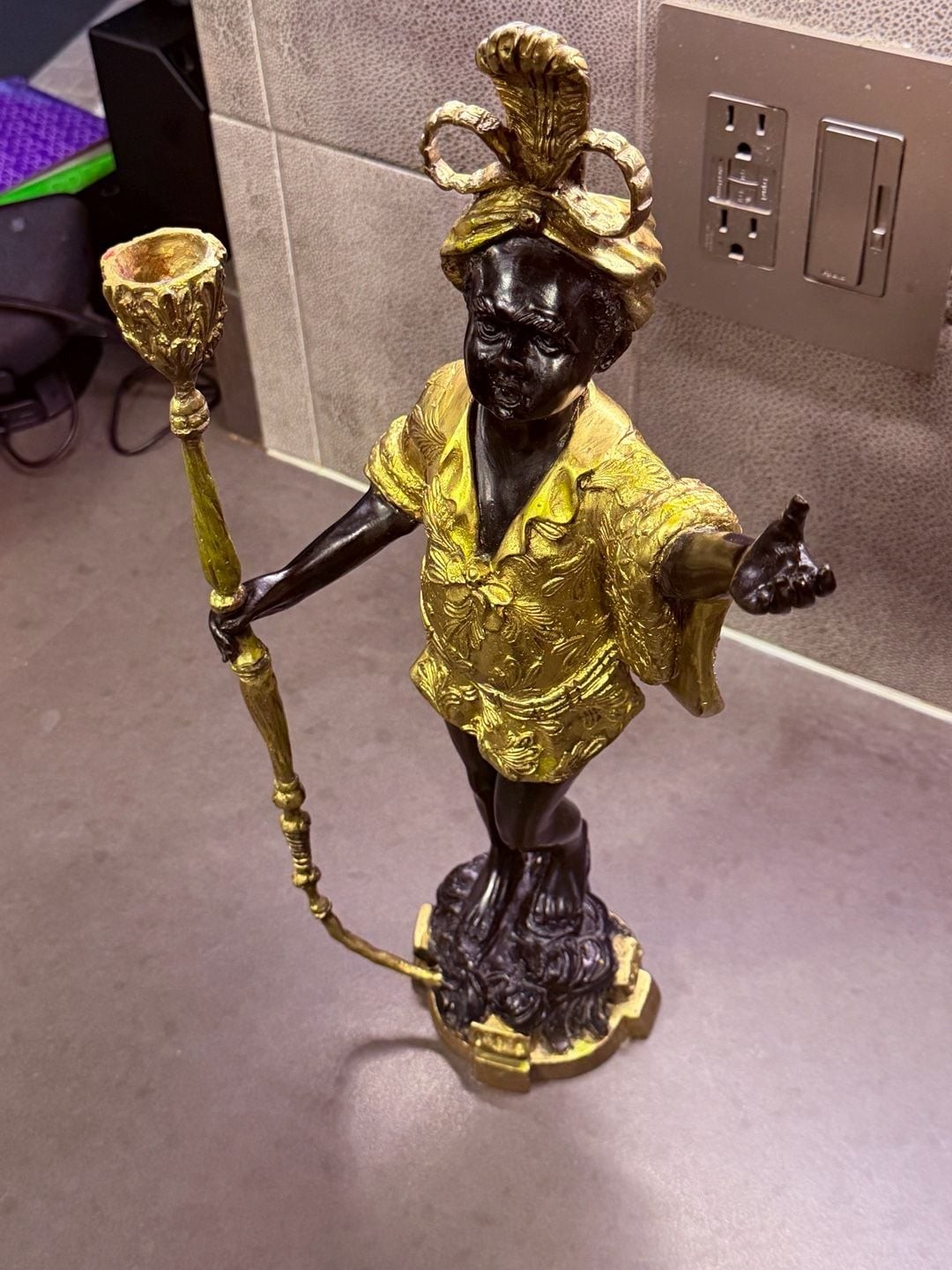 Vintage Bronze Brass Blackamoor Statue Torchiere Right Candle Holder African Wom