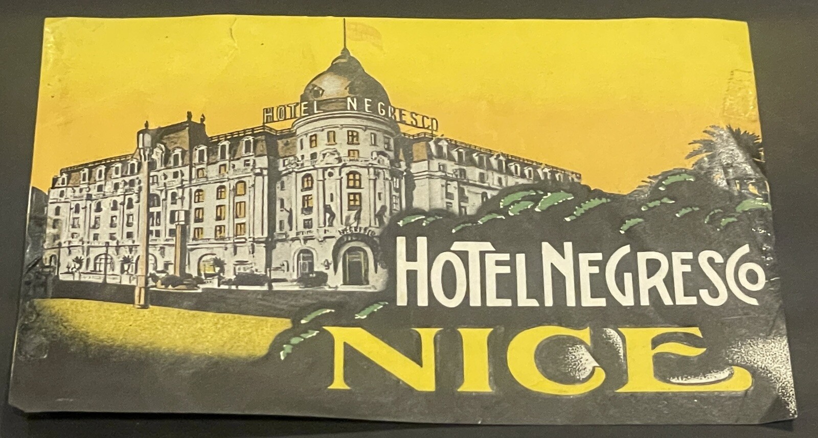 1940\'s-50\'s Hotel Negresco Nice, France Baggage Label Original Yellow