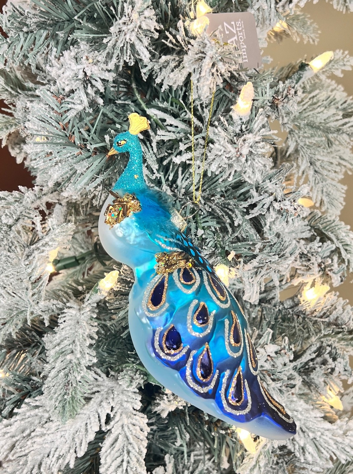 7” Hand Painted Blue Peacock Glass Christmas Ornament