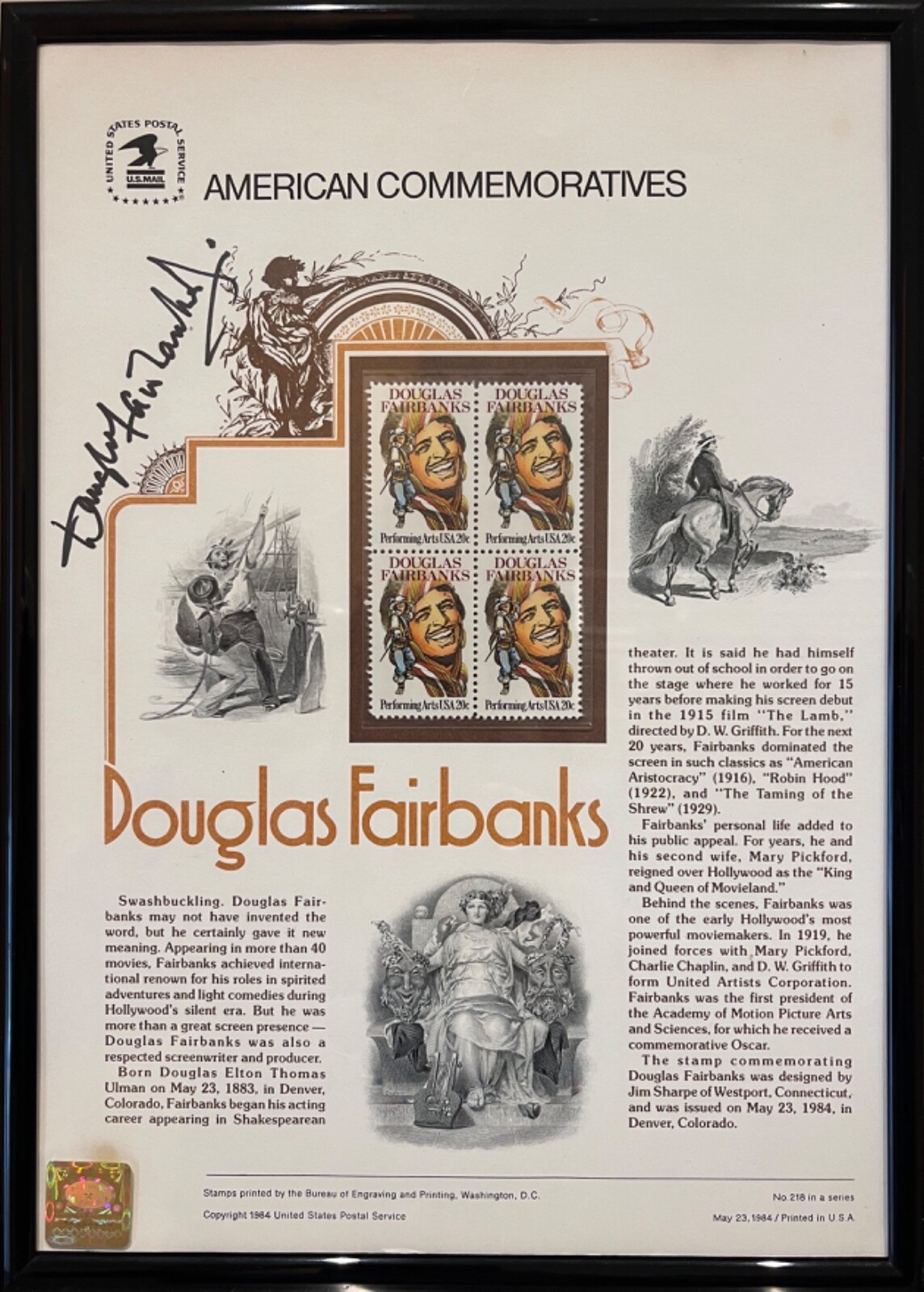 Douglas Fairbanks Jr. 12\' x 10\' 100% Hand Signed Stamp Presentation Page & COA