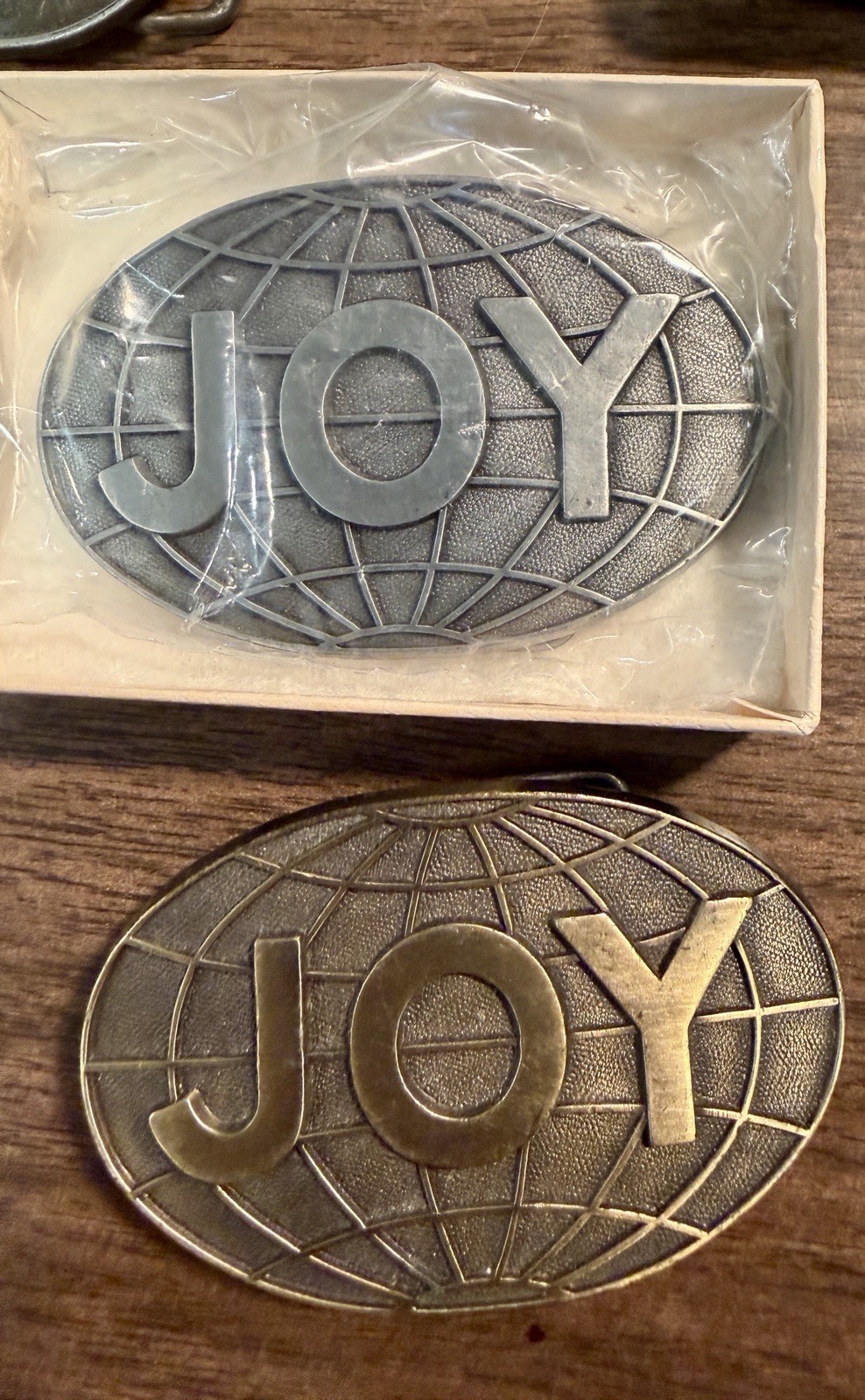 2 VTG 1970s JOY MANUFACTURING COMPANY PROMOTIONAL BELT BUCKLE Brass & Pewter 2 VTG 1970s JOY MANUFACTURING COMPANY PROMOTIONAL BELT BUCKLE Brass & Pewter