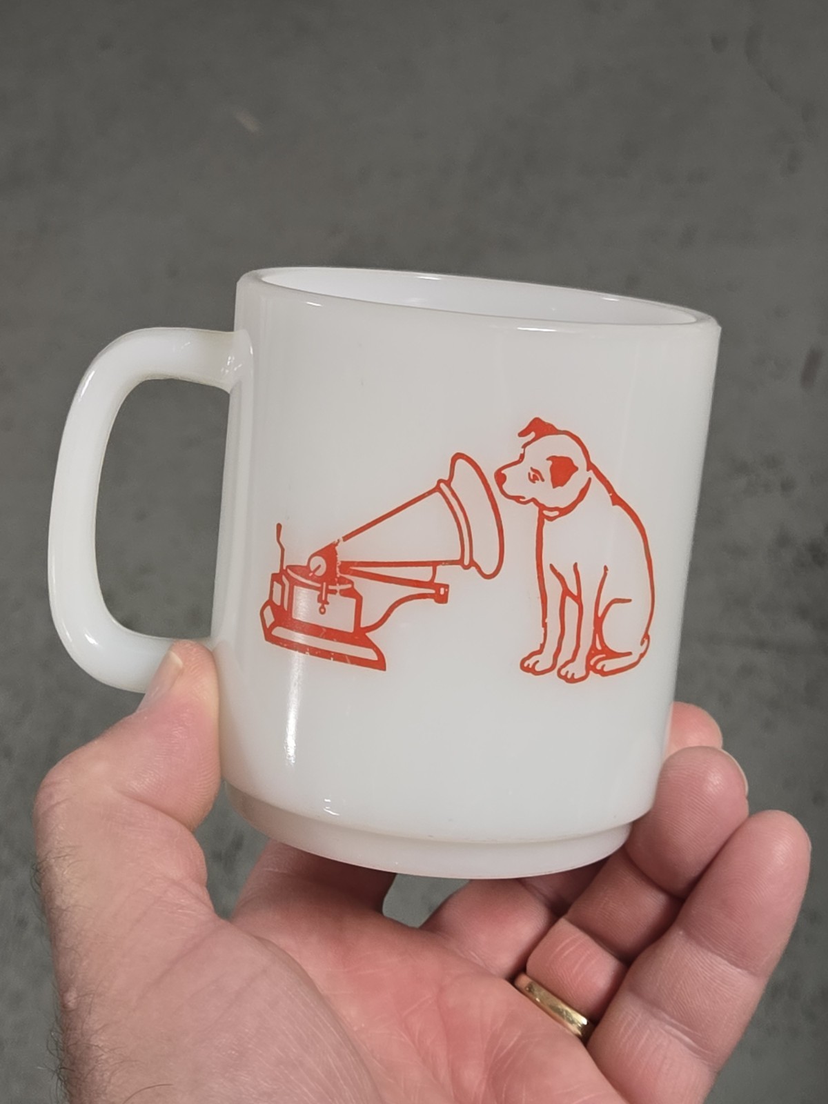 Vintage RCA Nipper Lancaster Pa 40 Th Anniversary Glasbake Milk Glass Coffee Mug